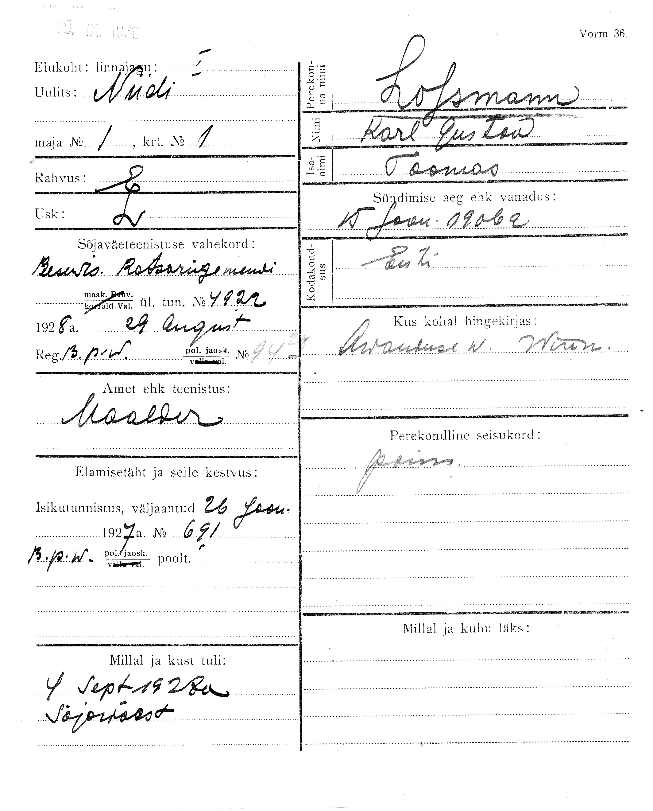 Lossmann, Karl Gustav, Toomas