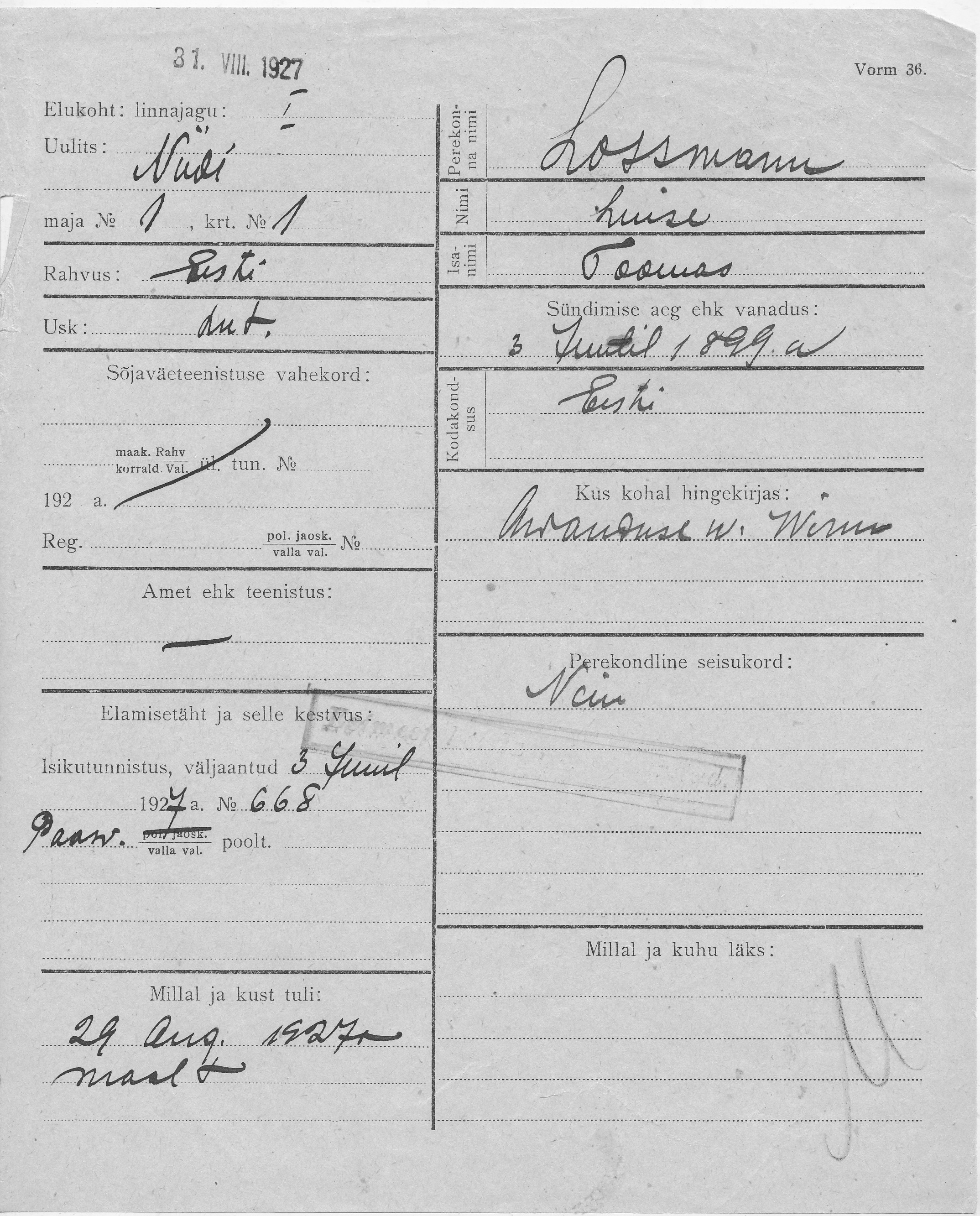 Lossmann, Luise, Toomas