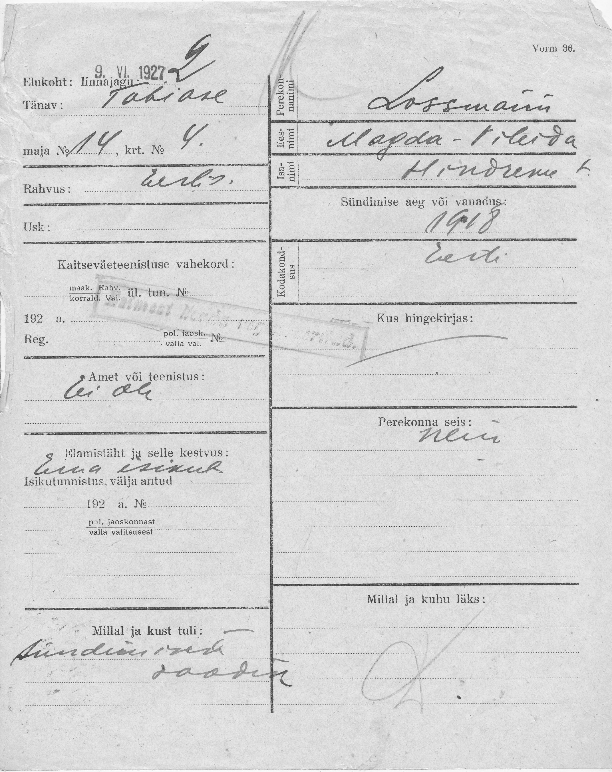 Lossmann, Magda-Vileida, Hindrek