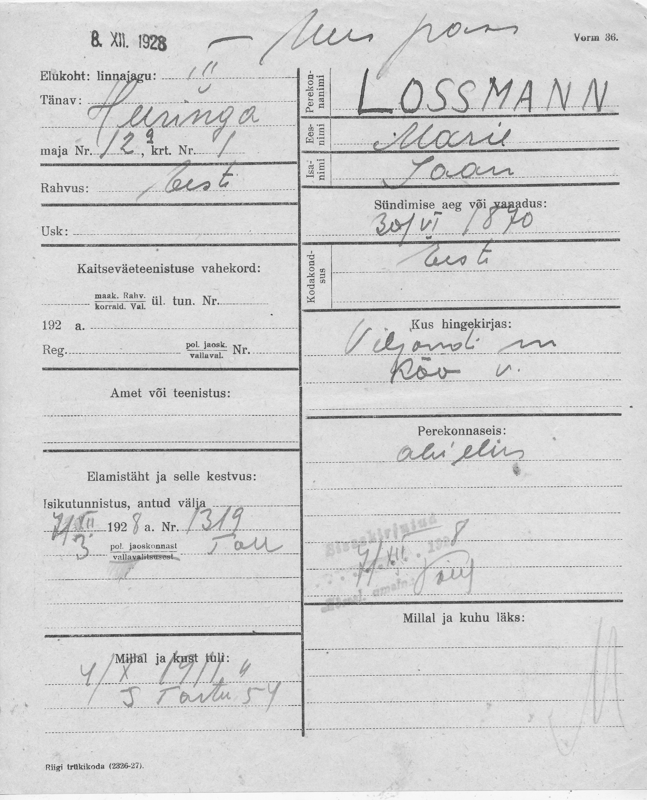 Lossmann, Marie, Jaan