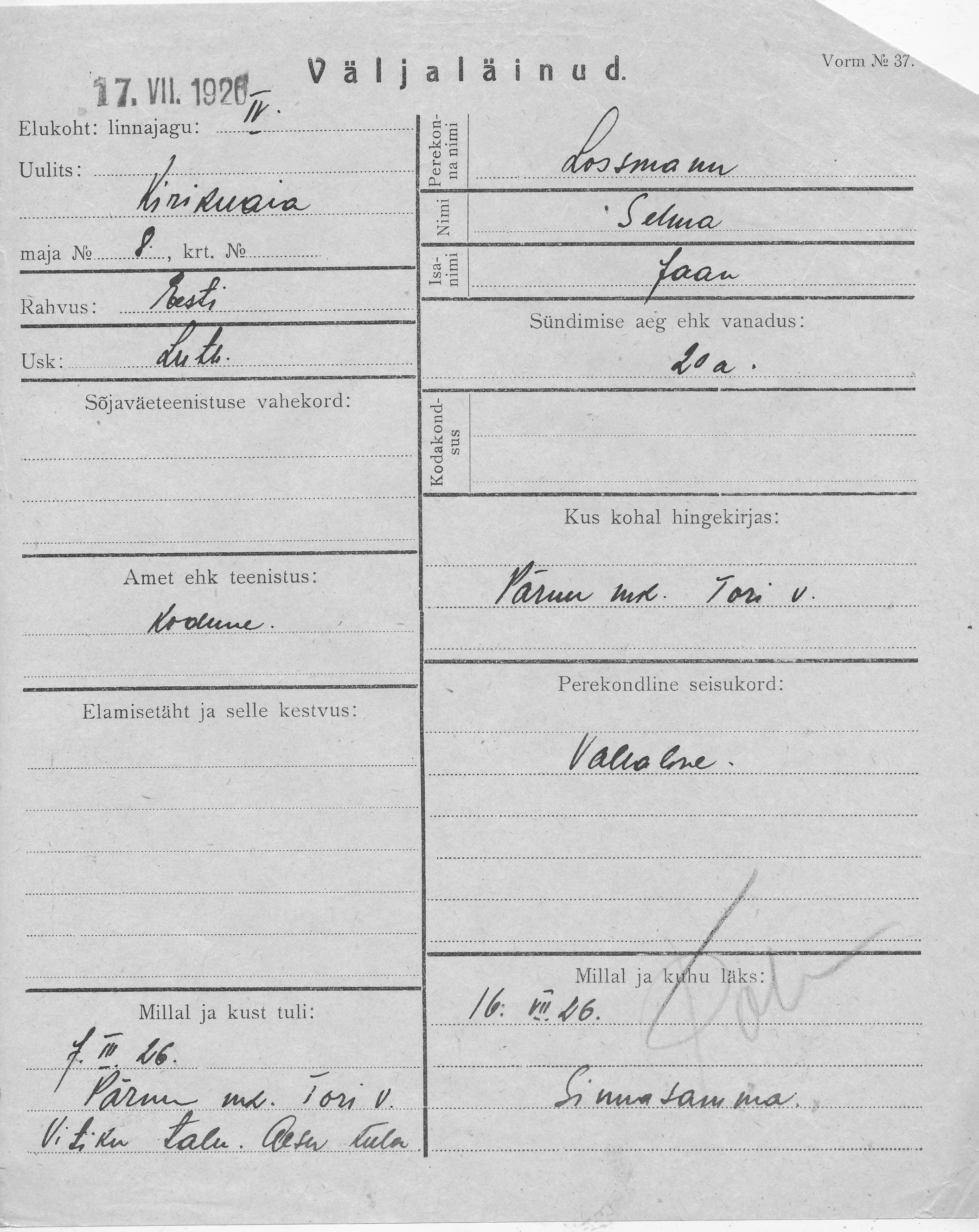 Lossmann, Selma, Jaan