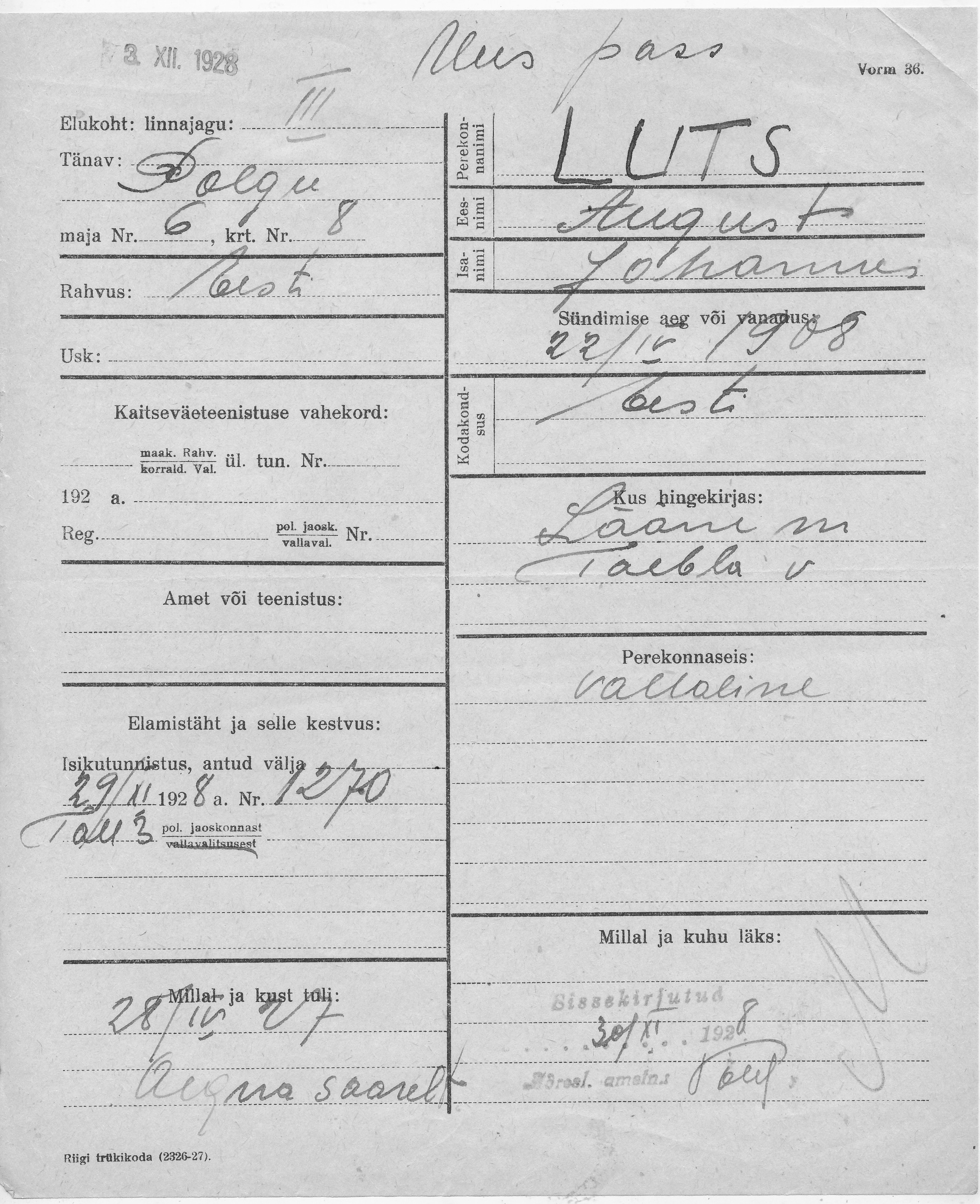 Luts, August, Johannes