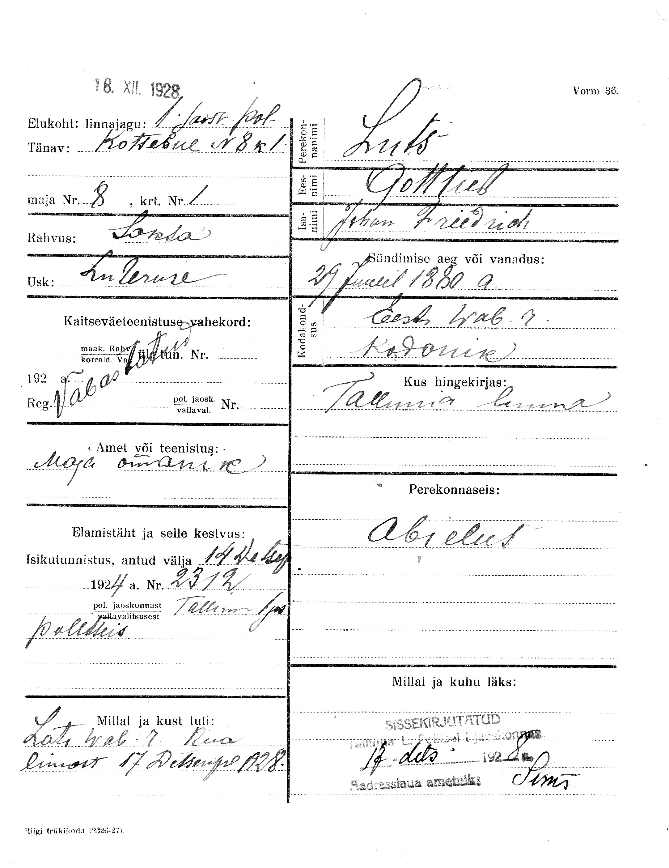 Luts, Gottlieb, Johan Friedrich