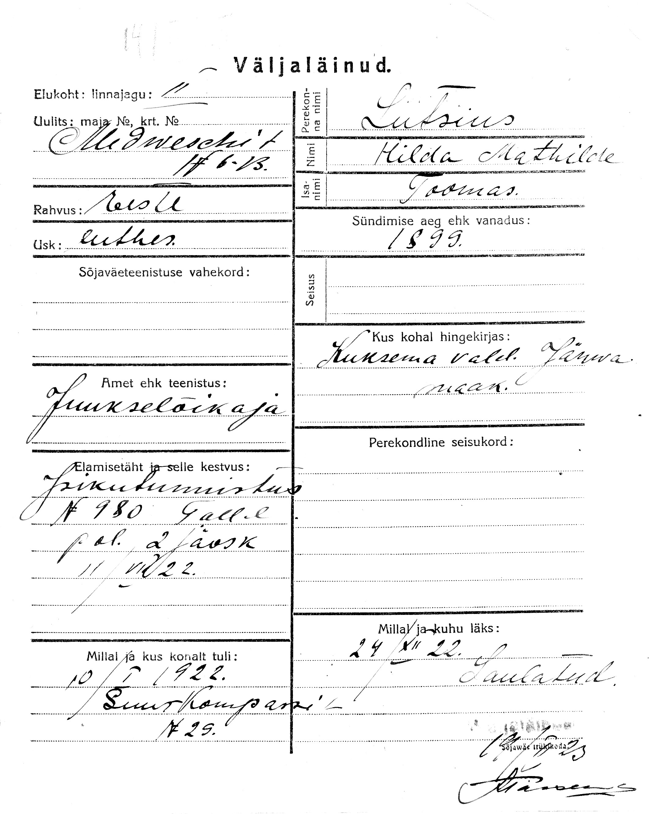 Lutsius, Hilda Mathilde, Toomas