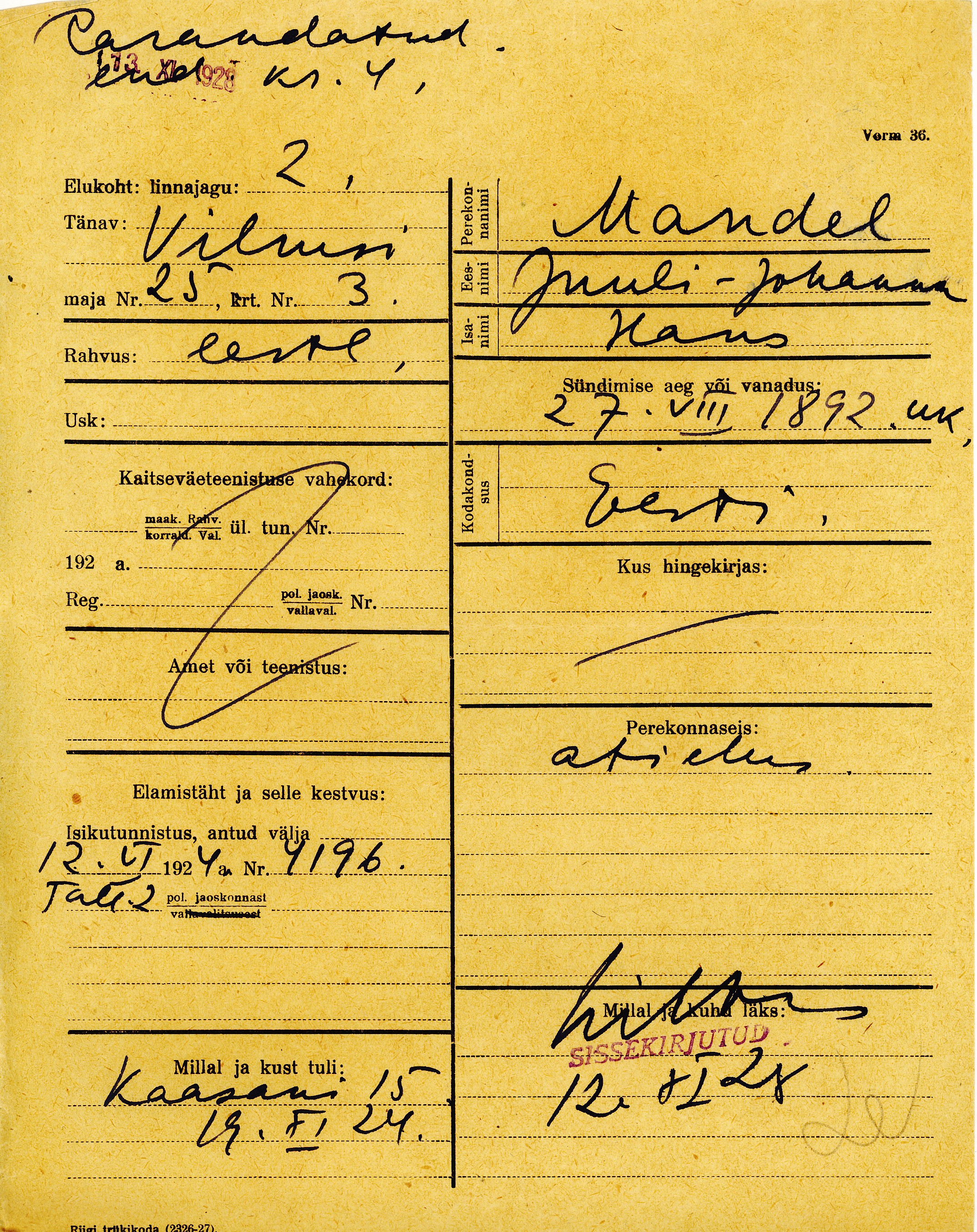 Mandel, Juuli-Johanna, Hans