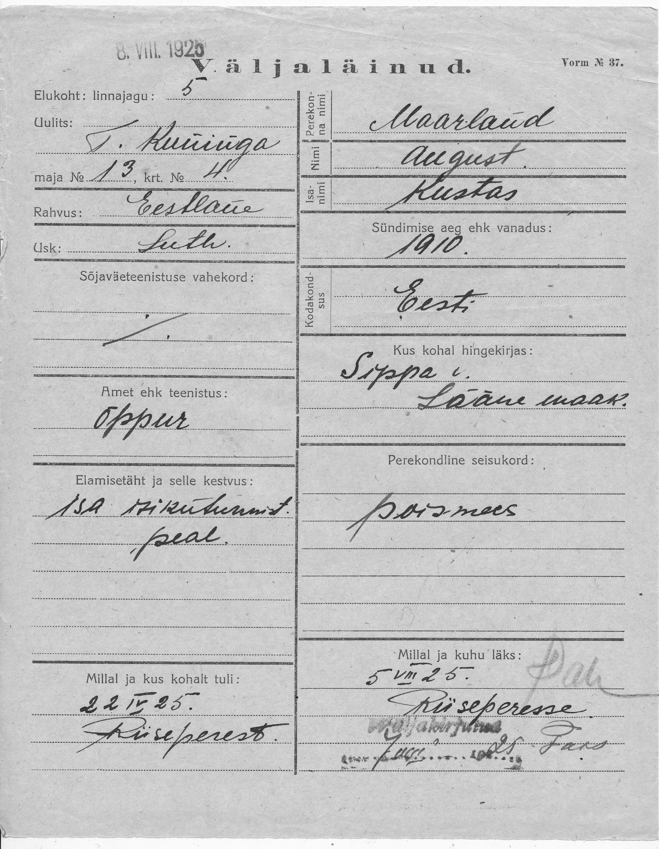 Maarland, August, Kustas