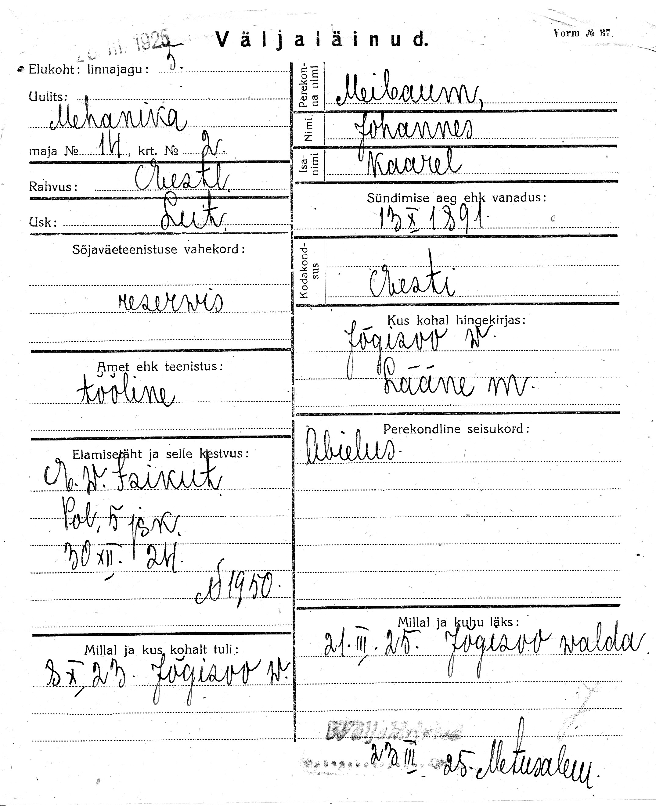 Meibaum, Johannes, Kaarel