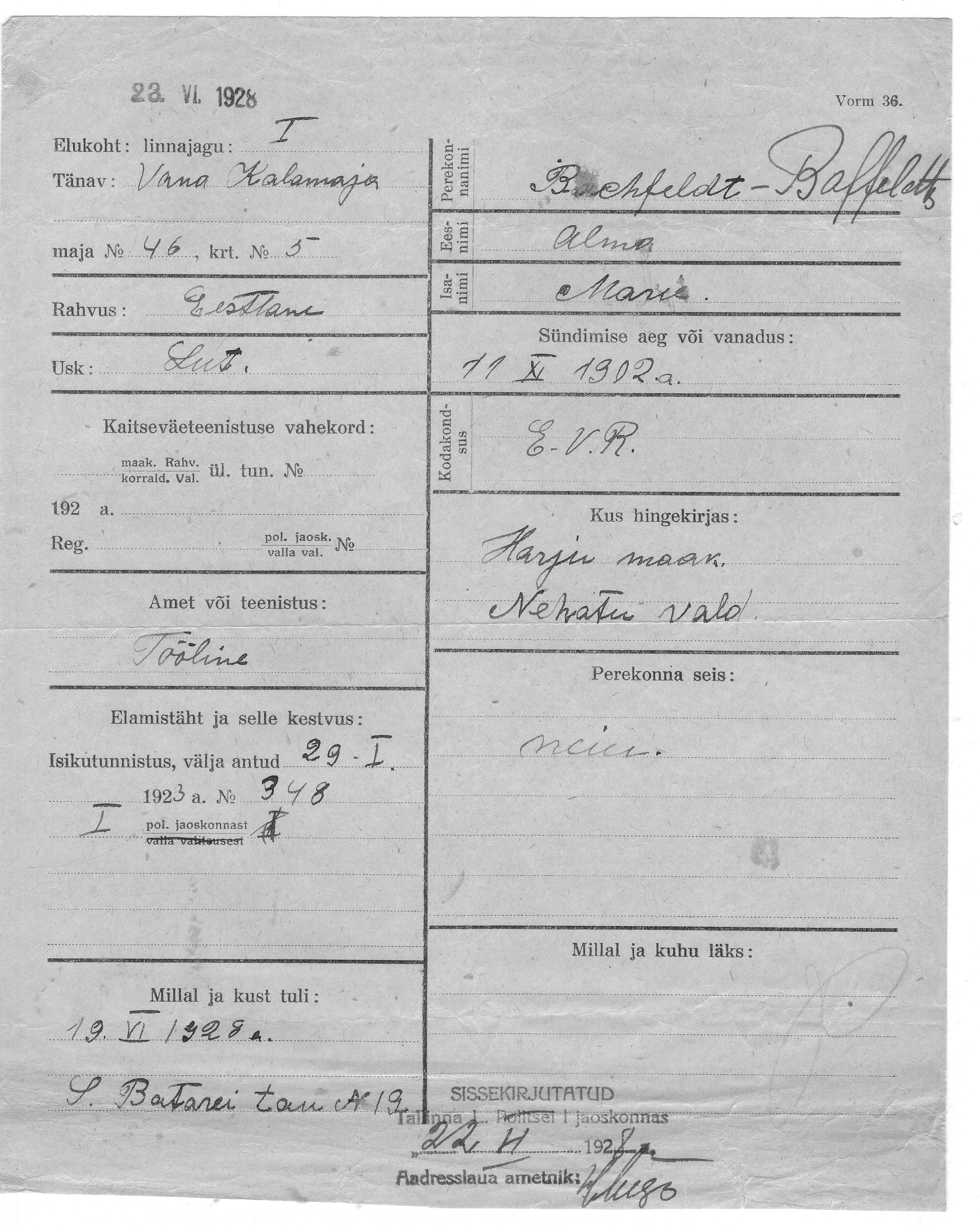 Bachfeldt, Baffeldt, Alma