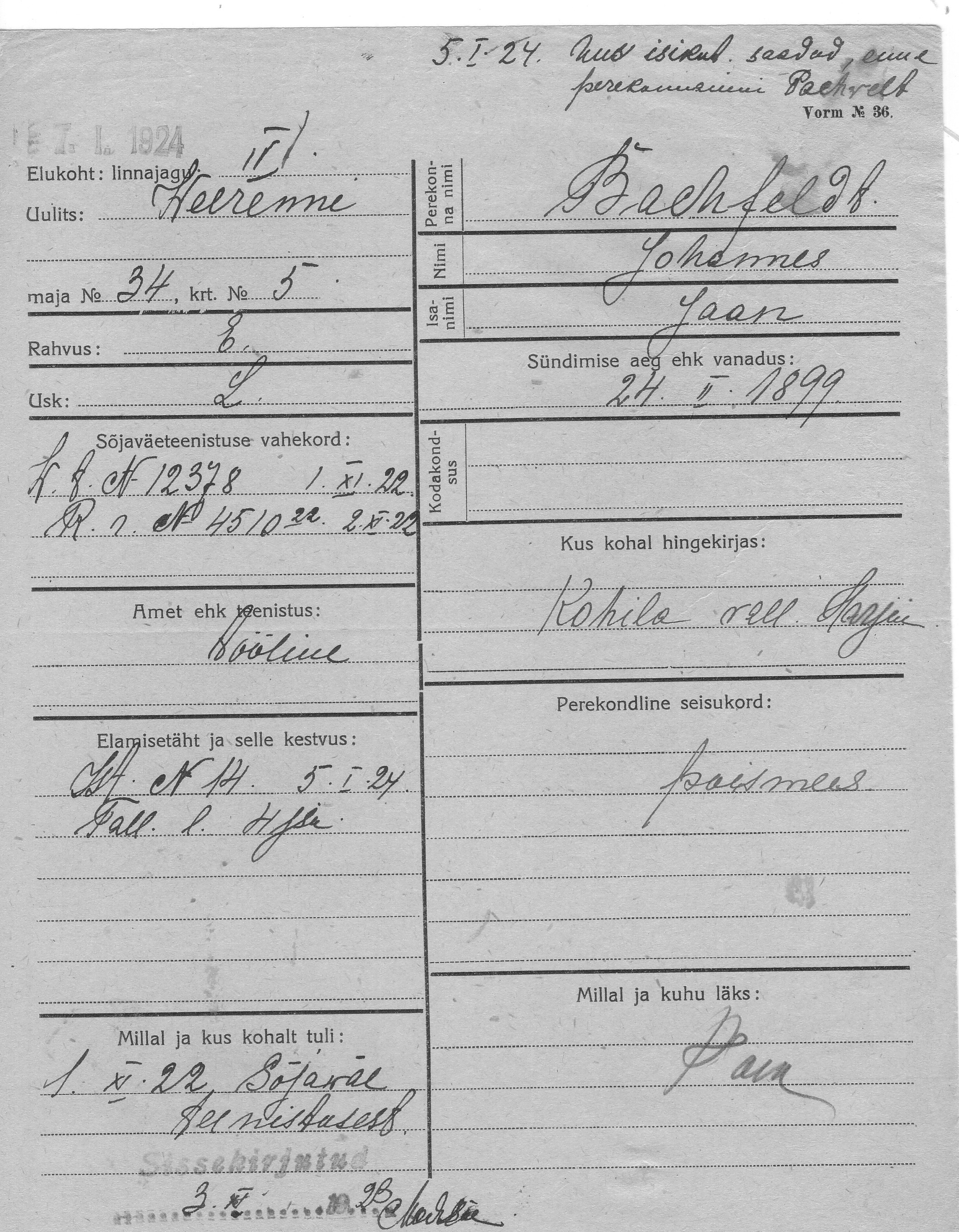 Bachfeldt, Johannes, Jaan