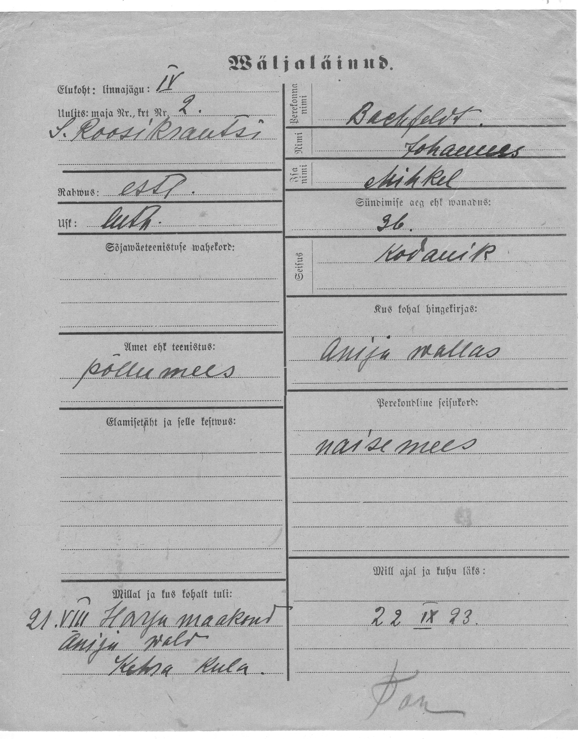 Bachfeldt, Johannes, Mihkel