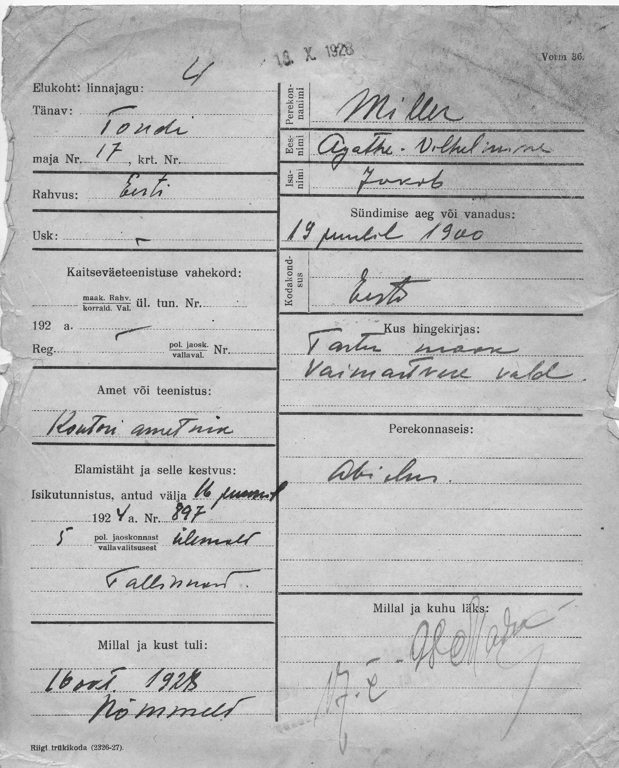 Miller, Agathe-Vilhelmine, Jakob