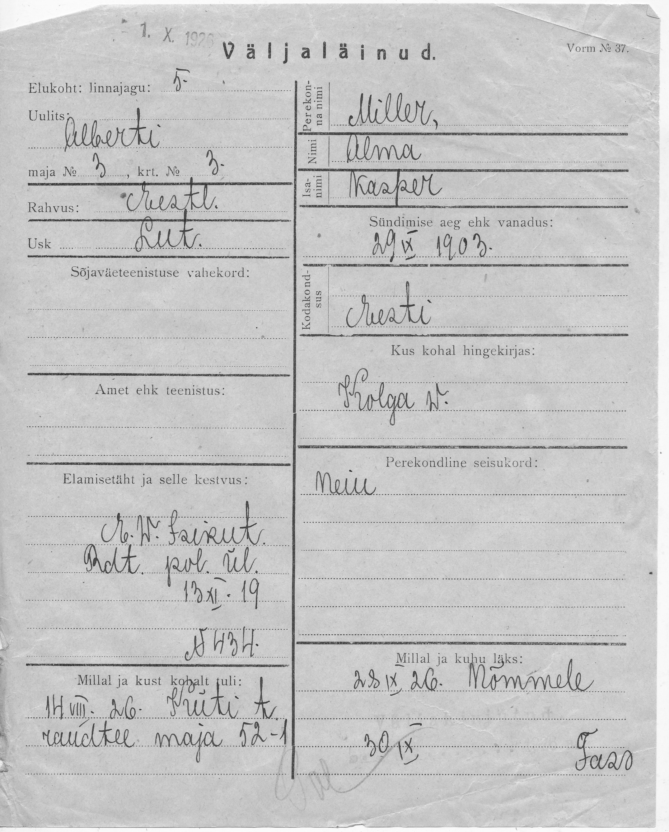 Miller, Alma, Kasper