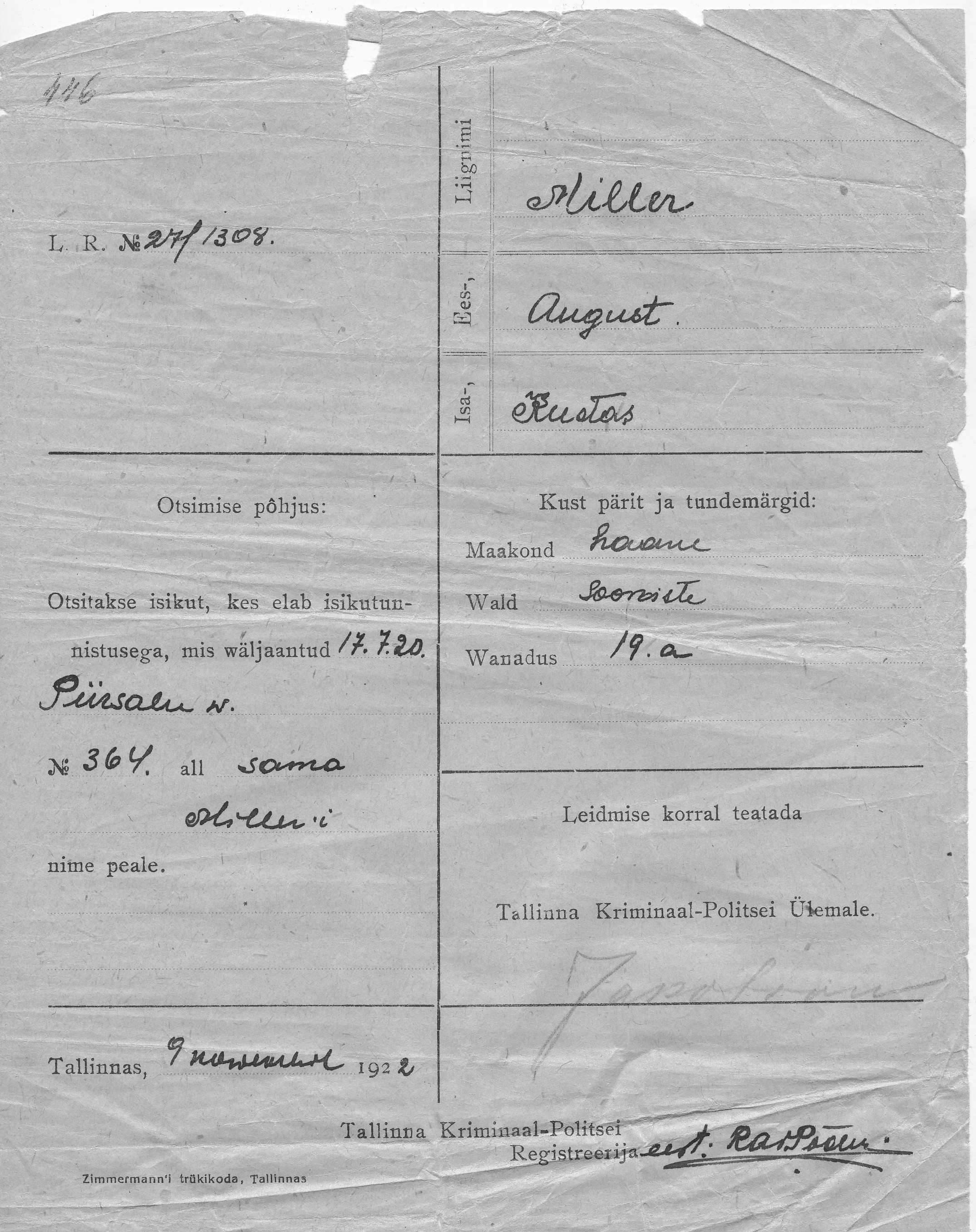 Miller, August, Kustas