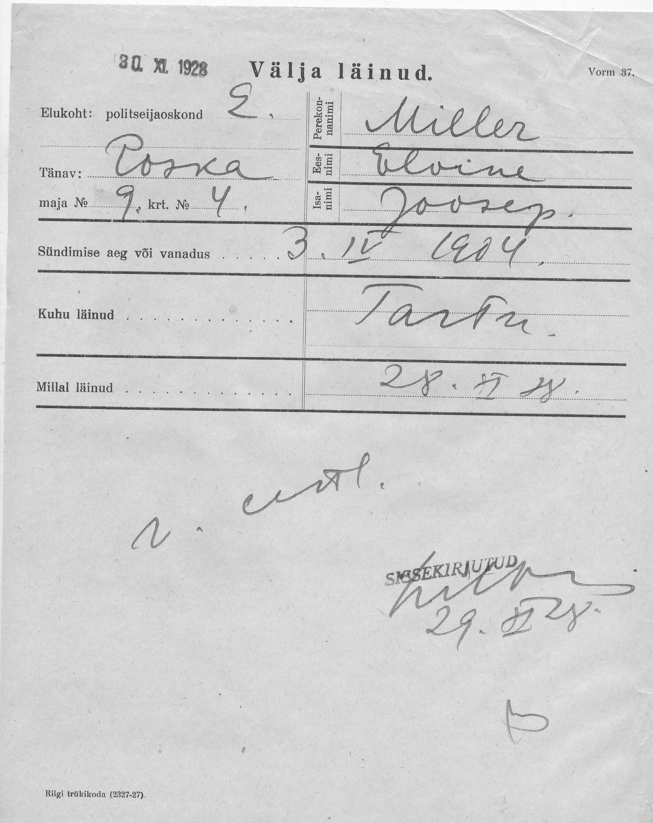 Miller, Elvine, Joosep