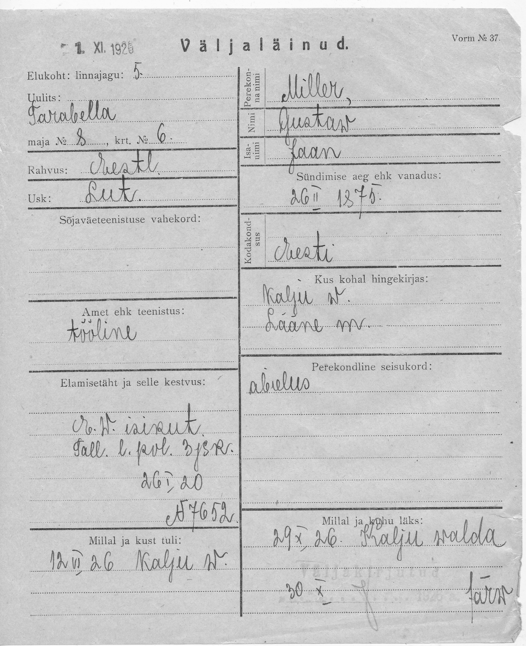 Miller, Gustaw, Jaan