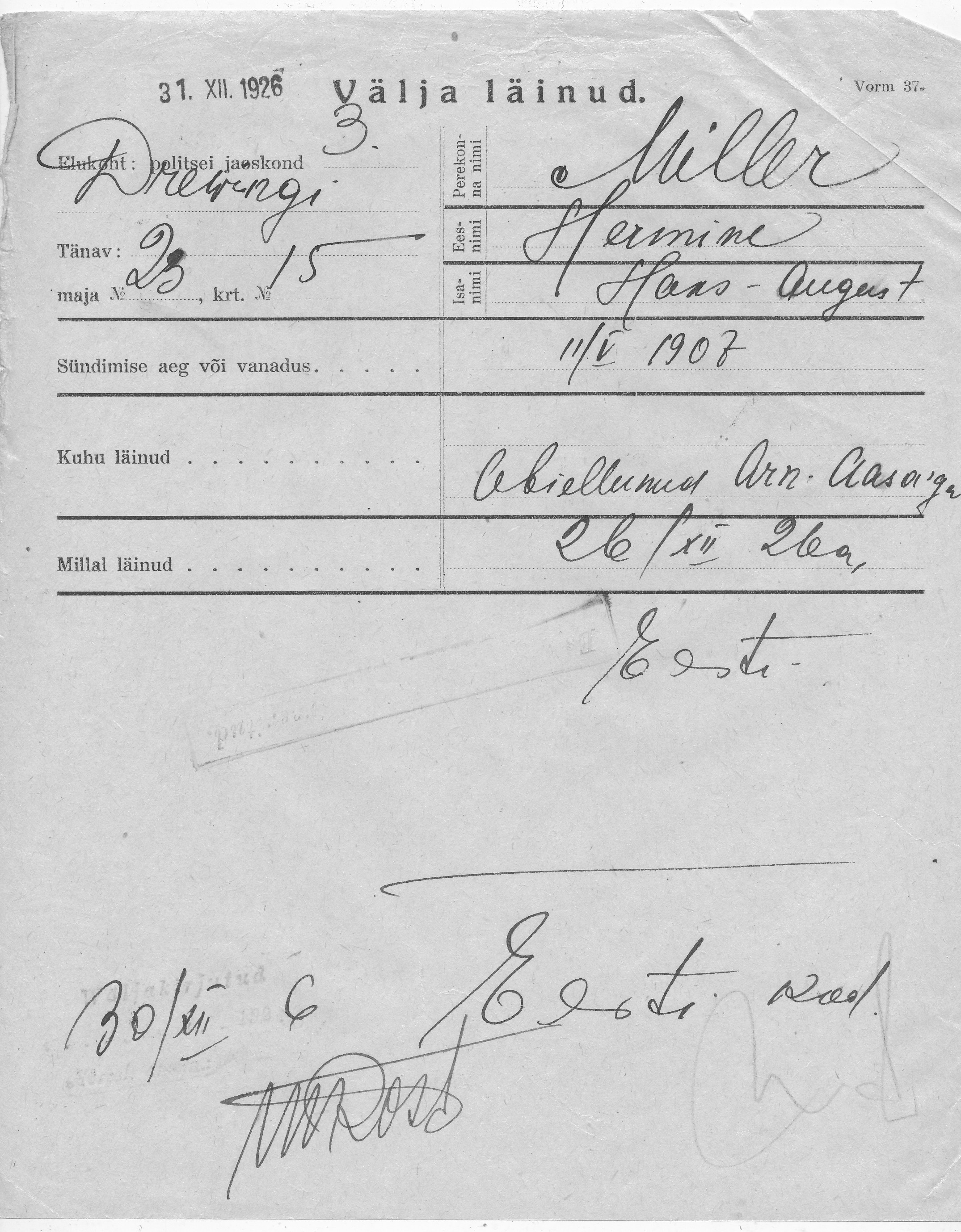 Miller, Hermine, Hans-August