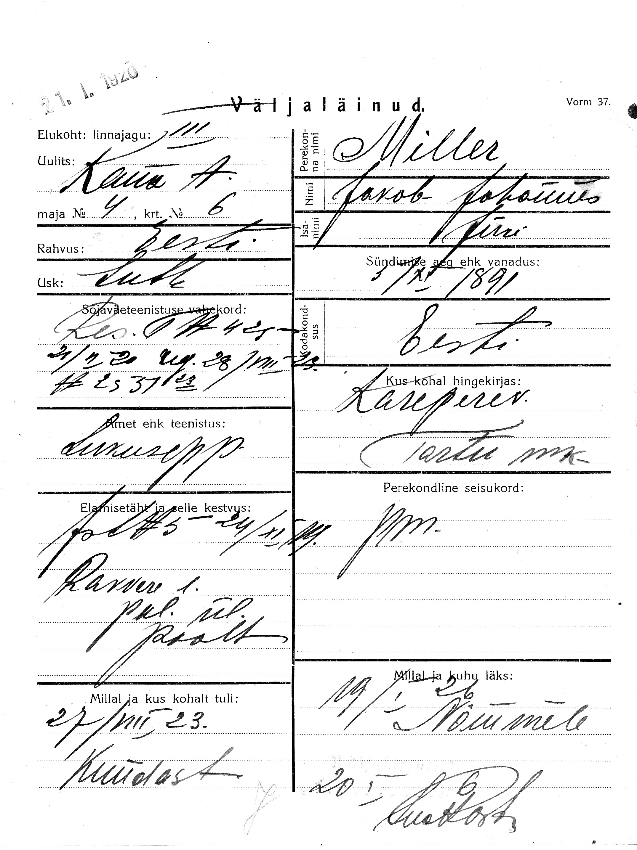 Miller, Jakob Johannes, Jüri