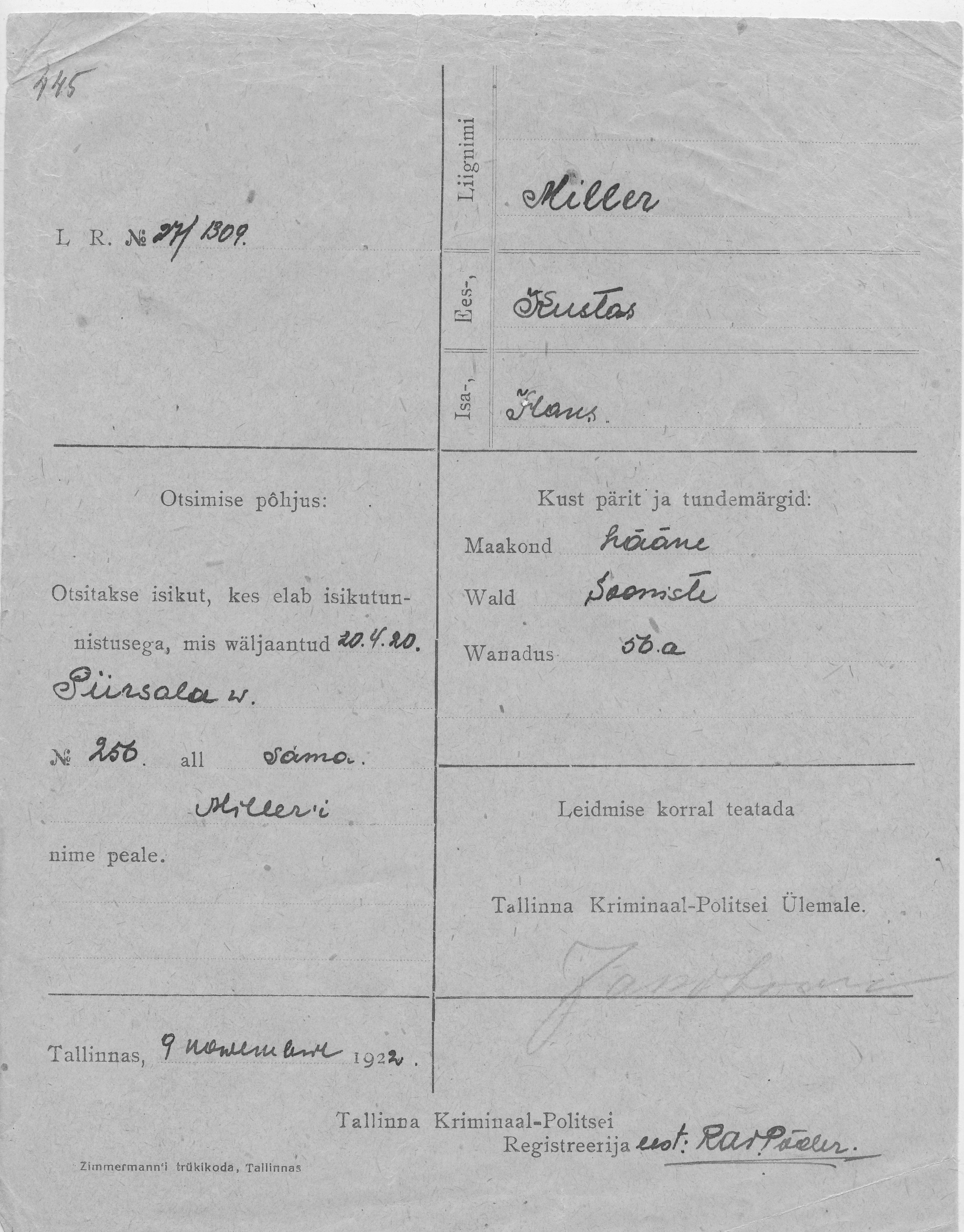 Miller, Kustas, Hans