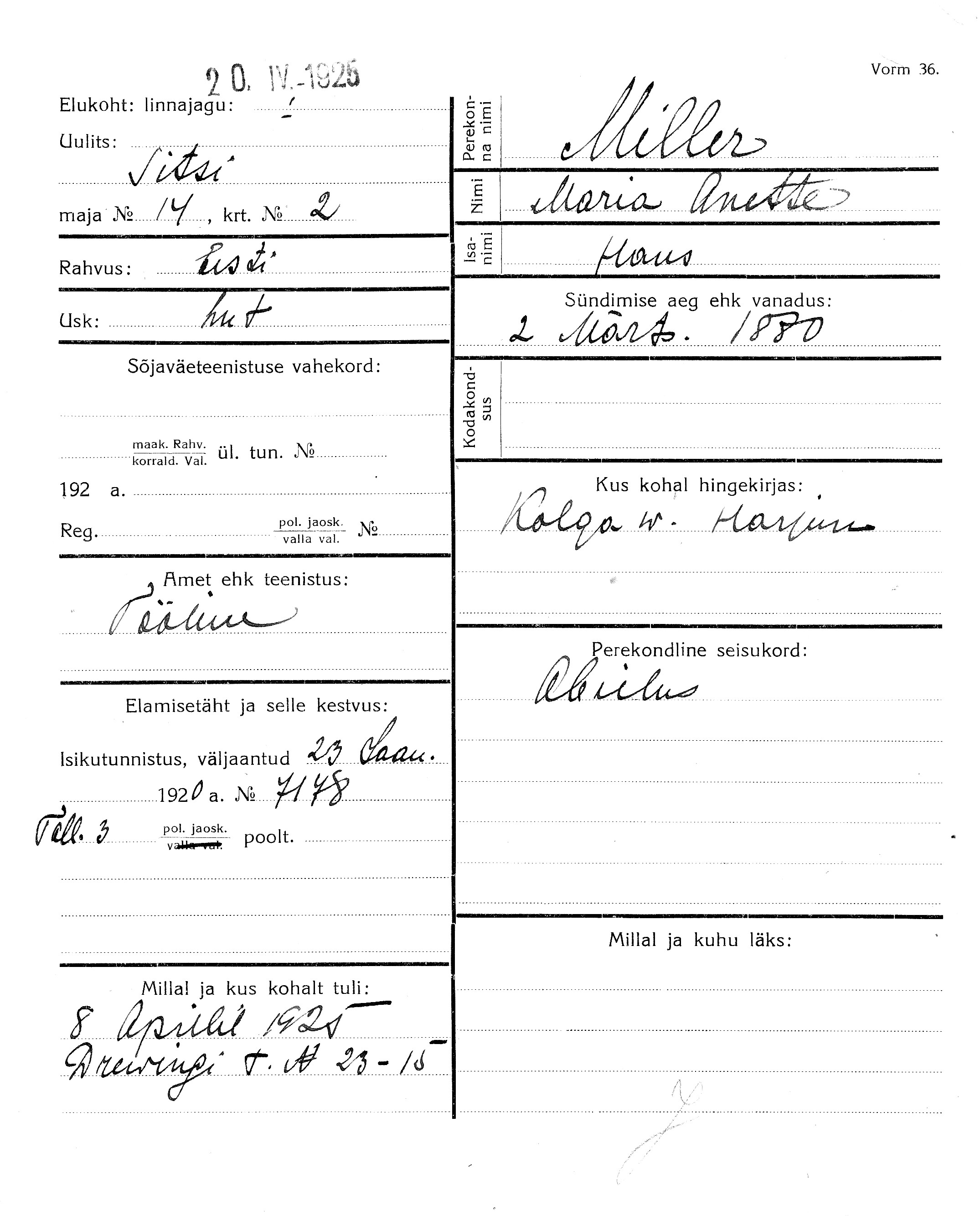 Miller, Maria Anette, Hans