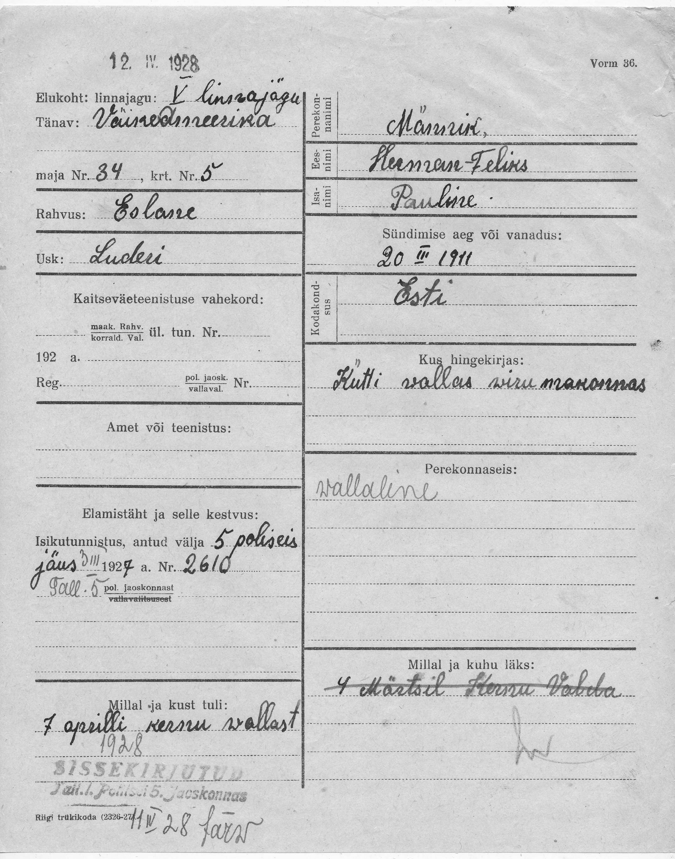 Männik, Herman-Feliks, Pauline