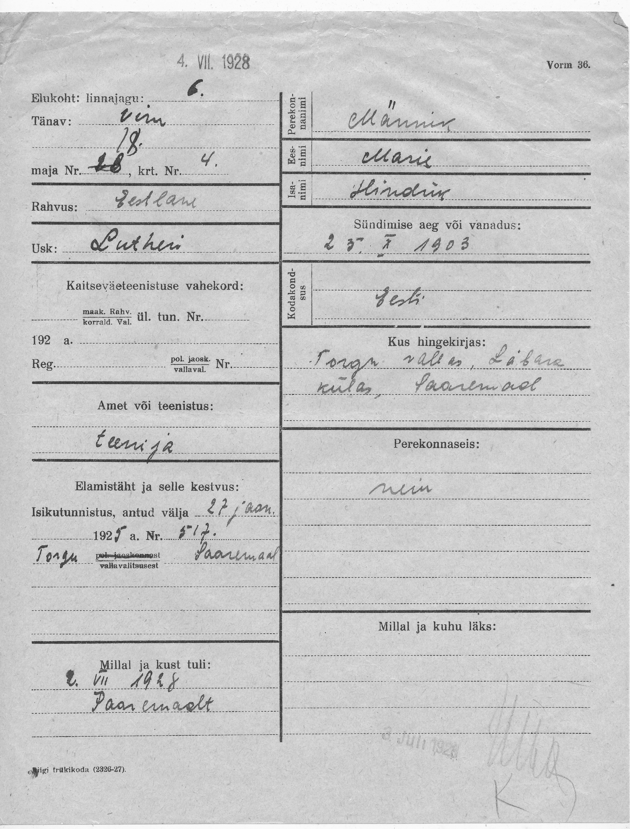 Männik, Marie, Hindrik