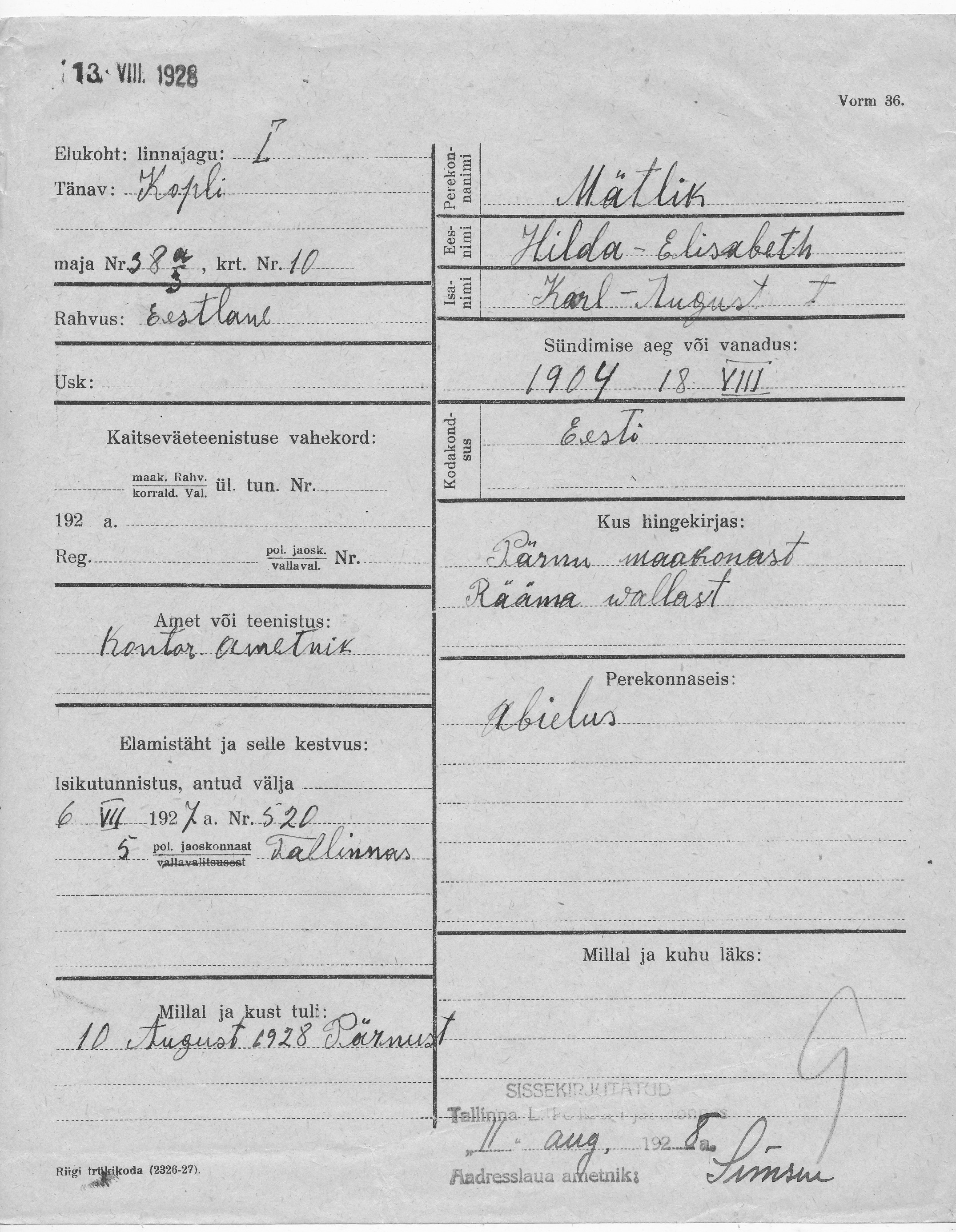 Mätlik, Hilda-Elisabeth, Karl-August