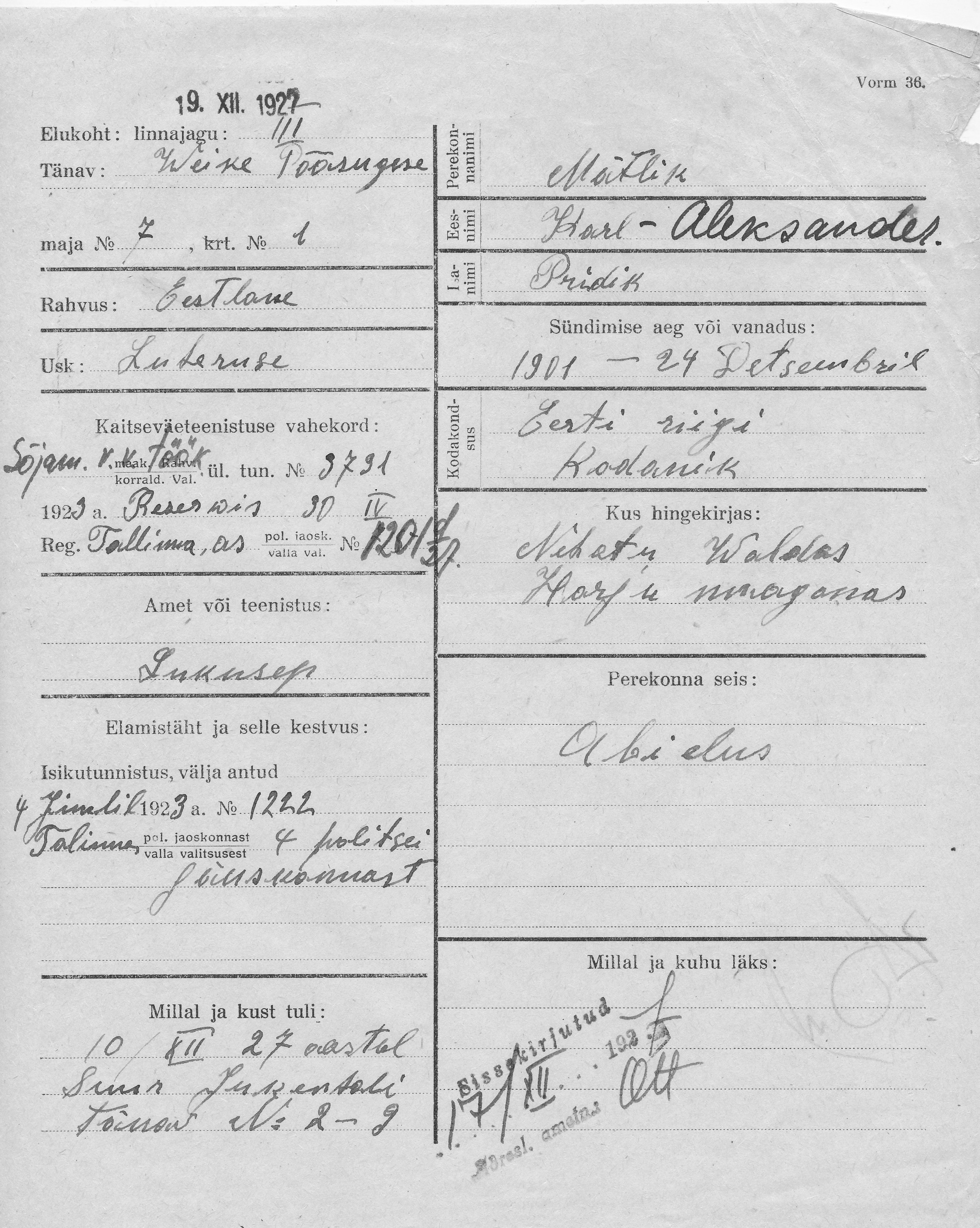 Mätlik, Karl-Aleksander, Pridik