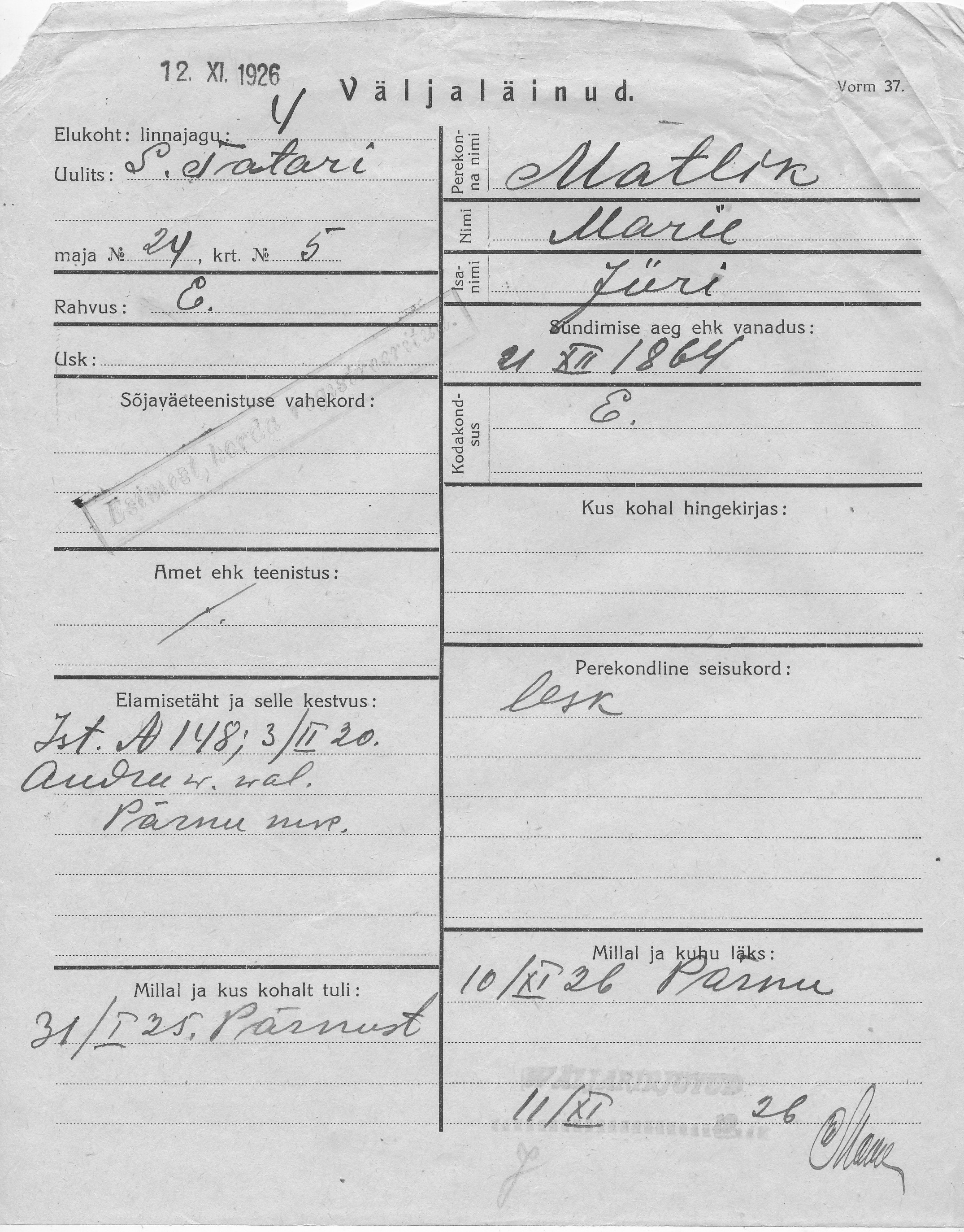 Mätlik, Marie, Jüri