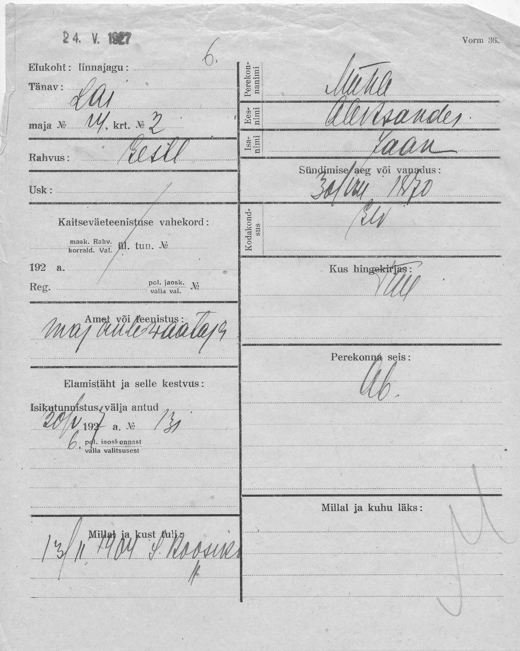 Mühle, Aleksander, Jaan