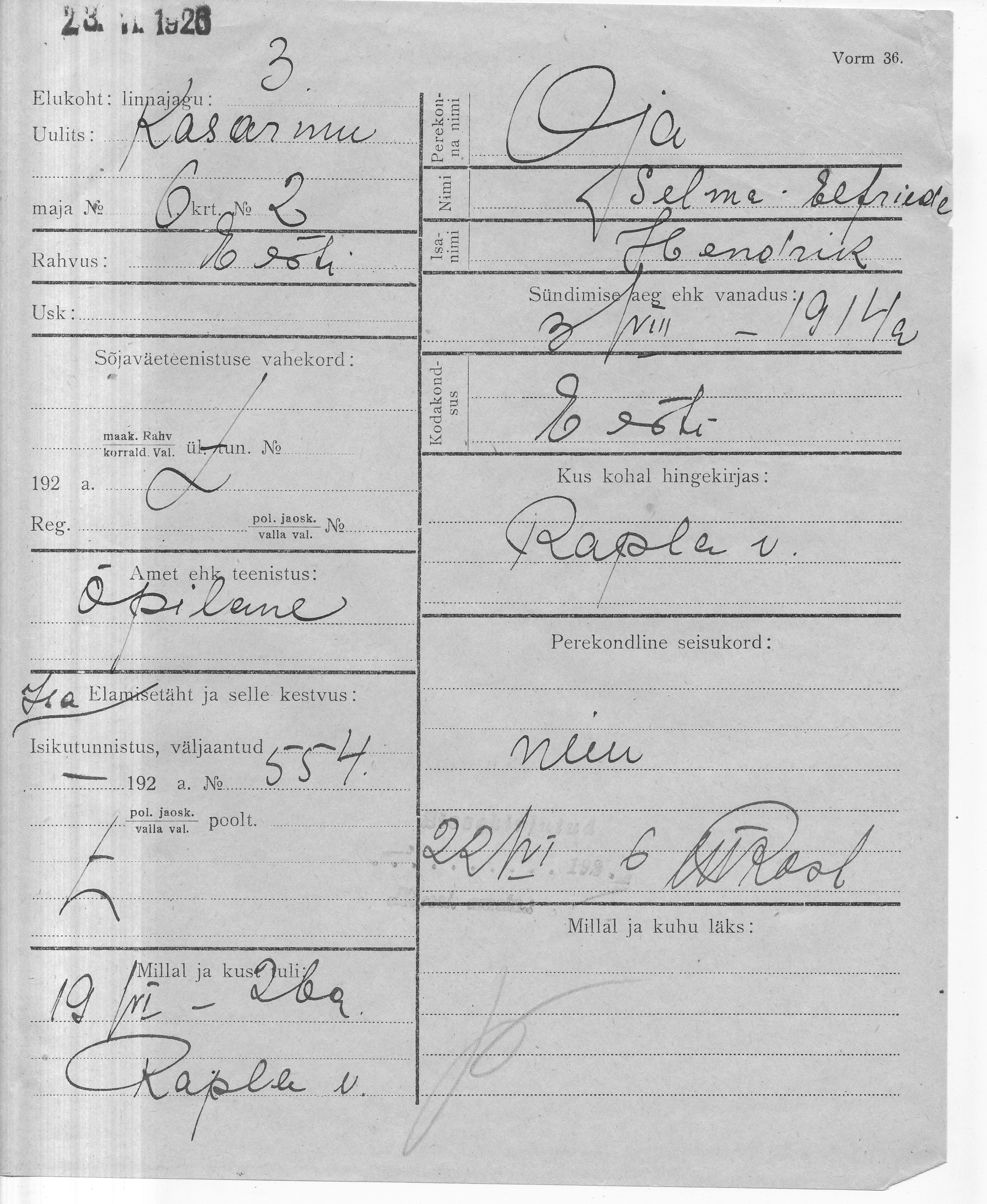 Oja, Selma-Elfriede, Hendrik