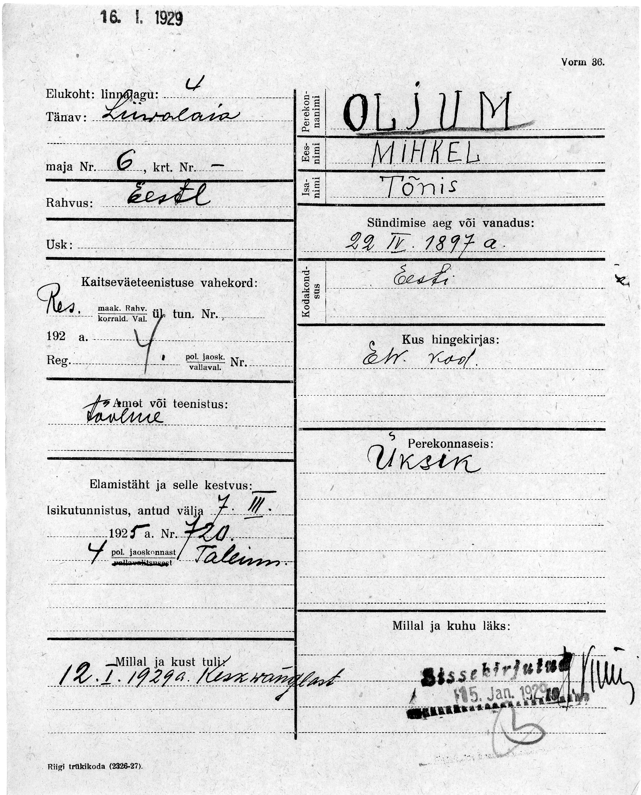 Oljum, Mihkel, Tõnis