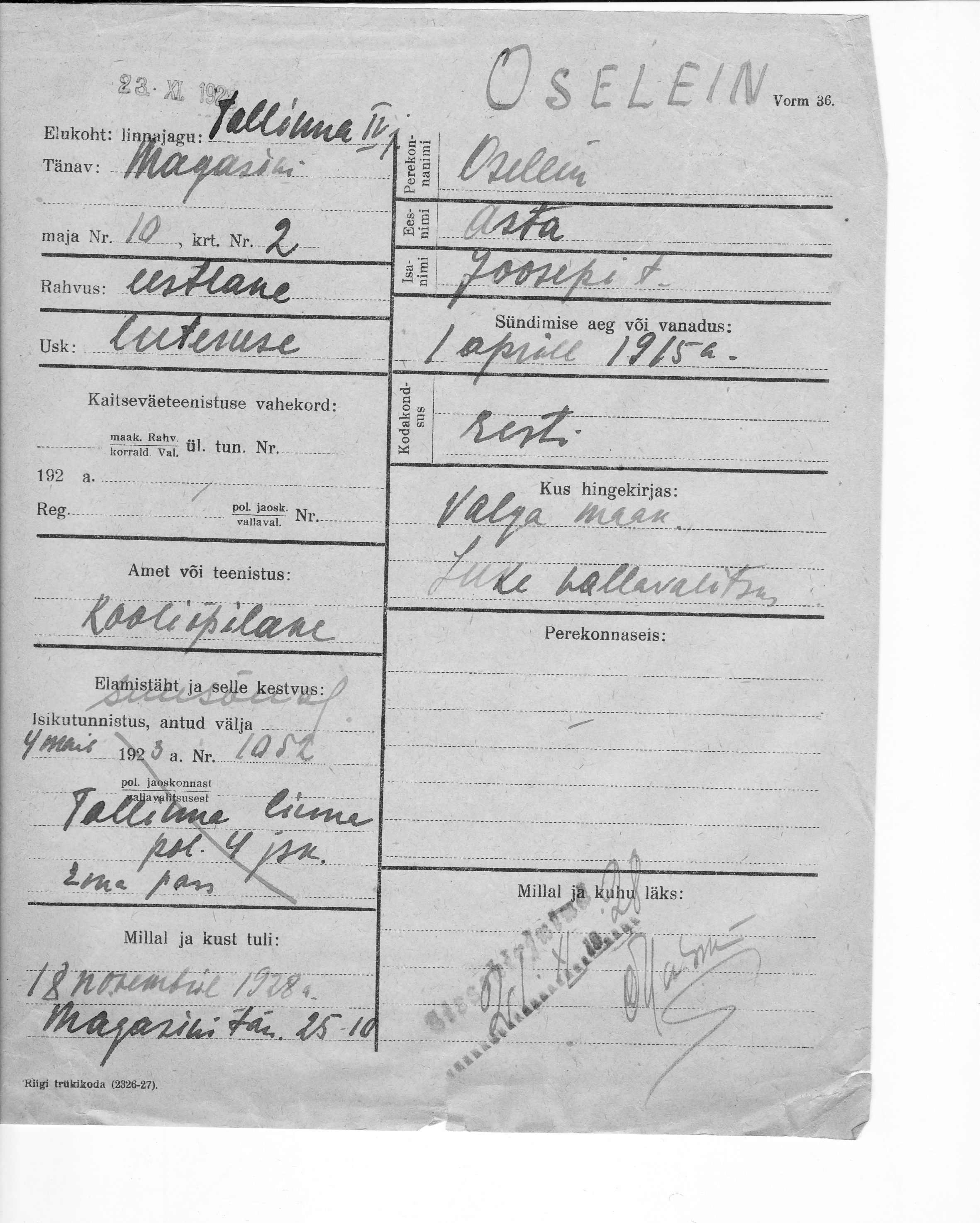 Oselein, Asta, Joosep