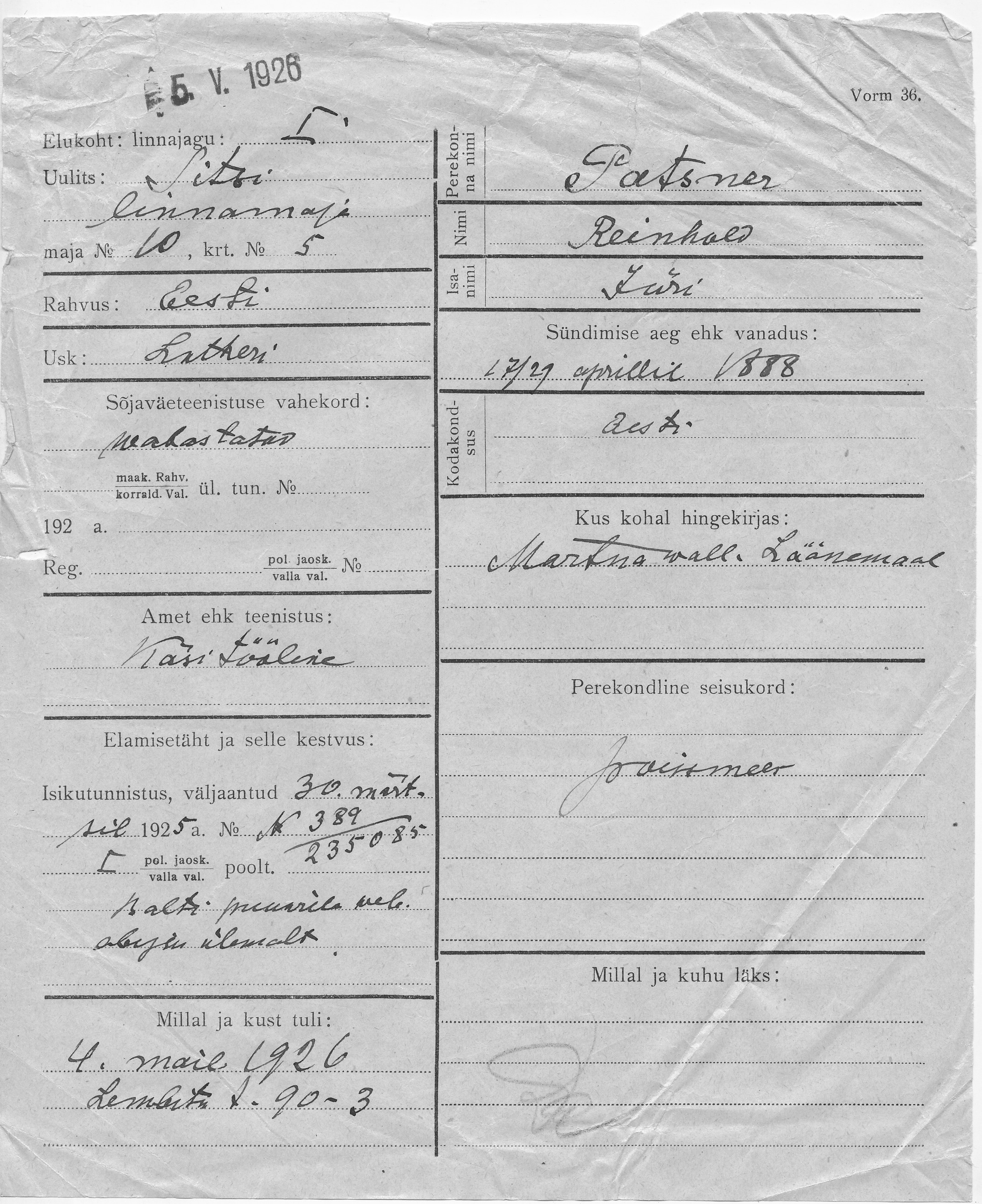 Patsner, Reinhold, Jüri