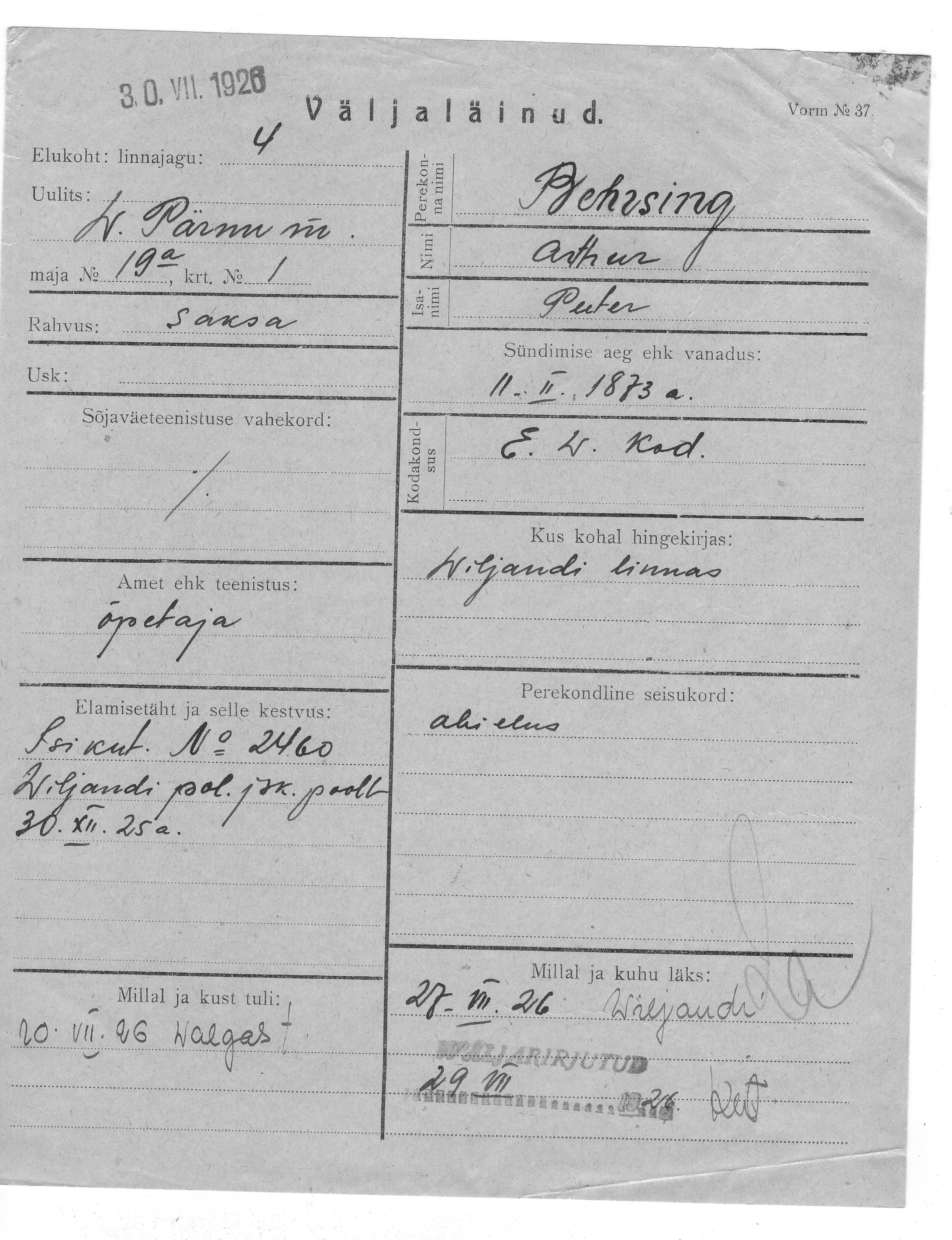 Behrsing, Arthur, Peeter