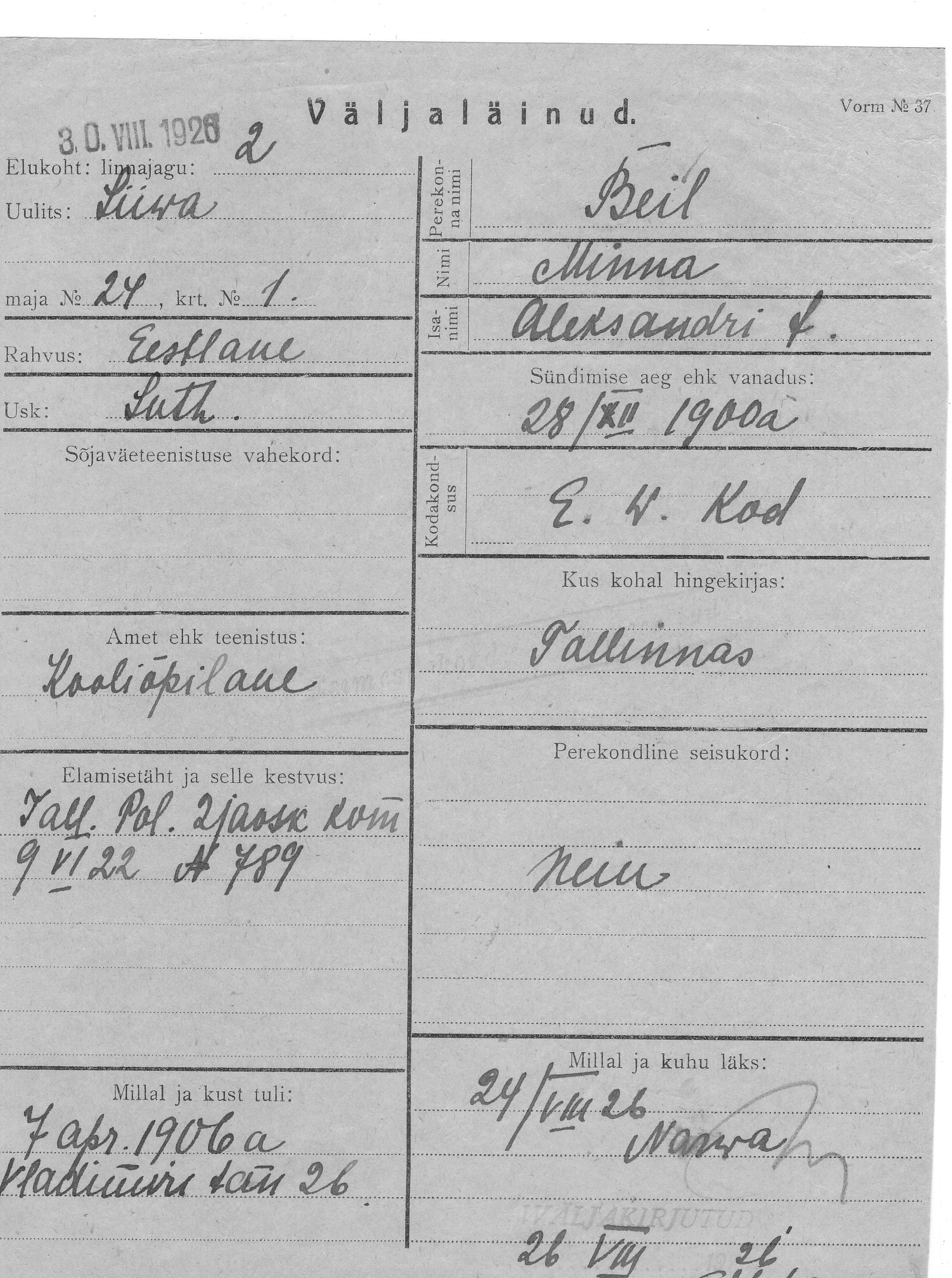 Beil, Minna, Aleksander