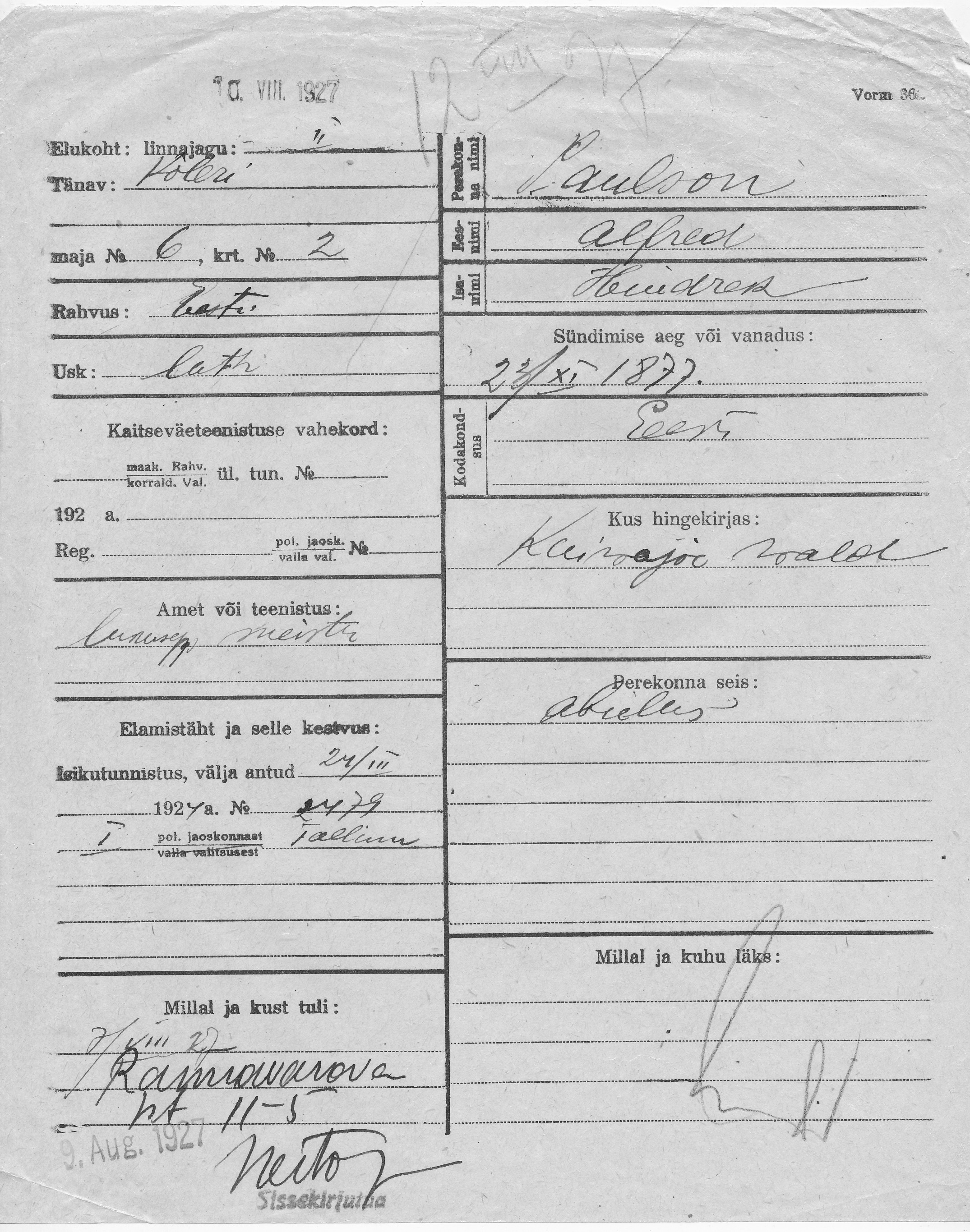 Paulson, Alfred, Hindrek