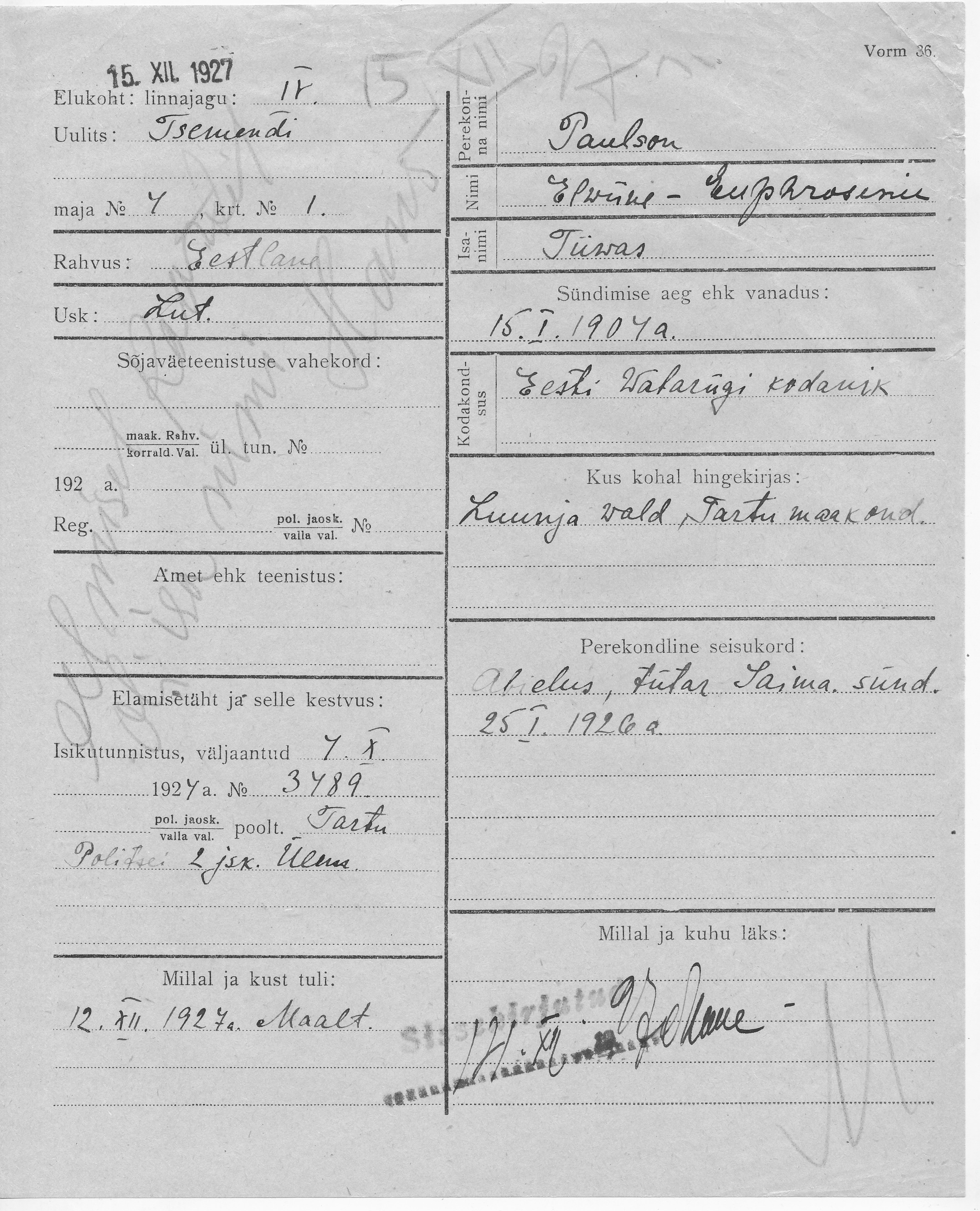 Paulson, Elwiine-Euphrosinie, Tiiwas