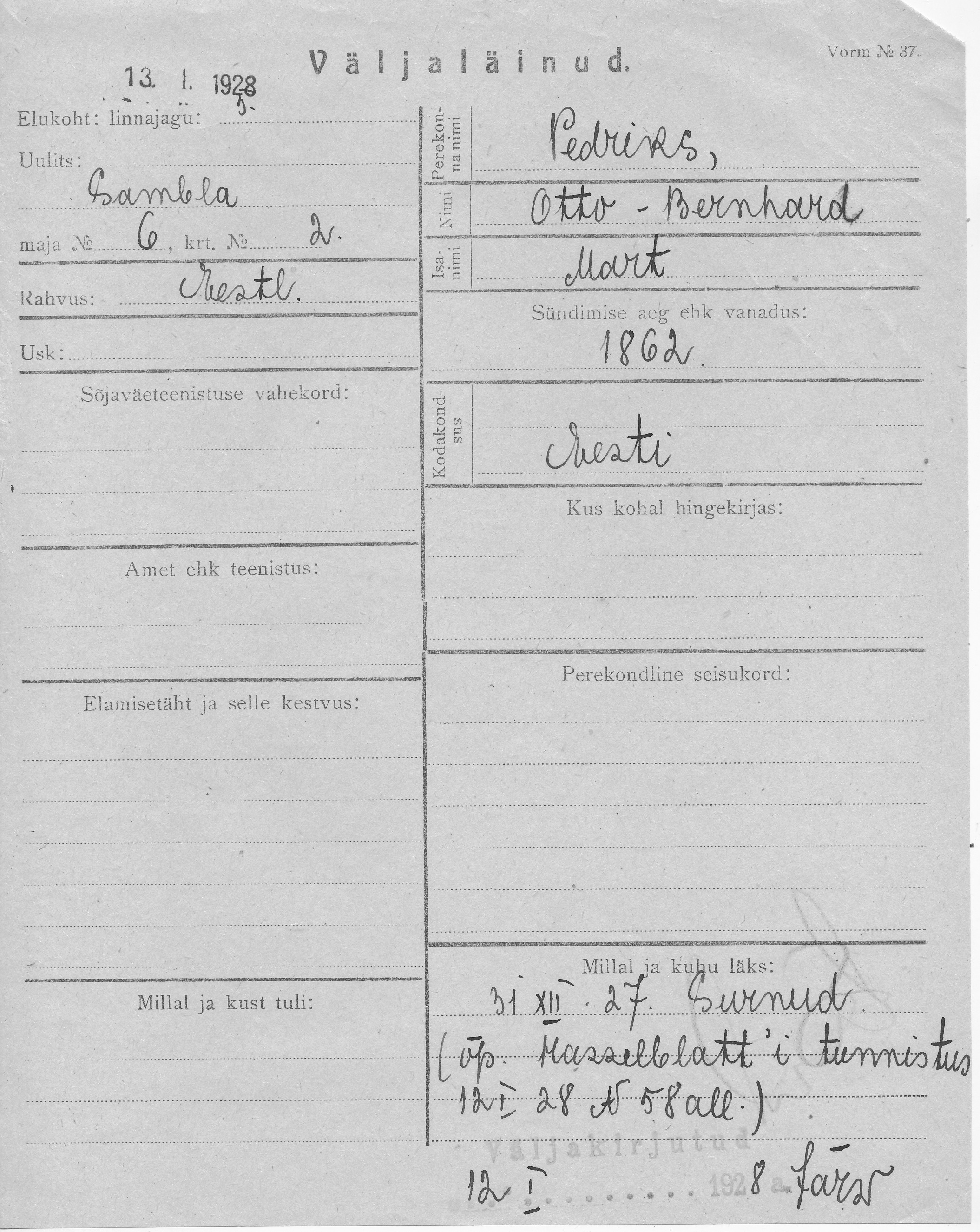 Pedriks, Otto-Bernhard, Mart