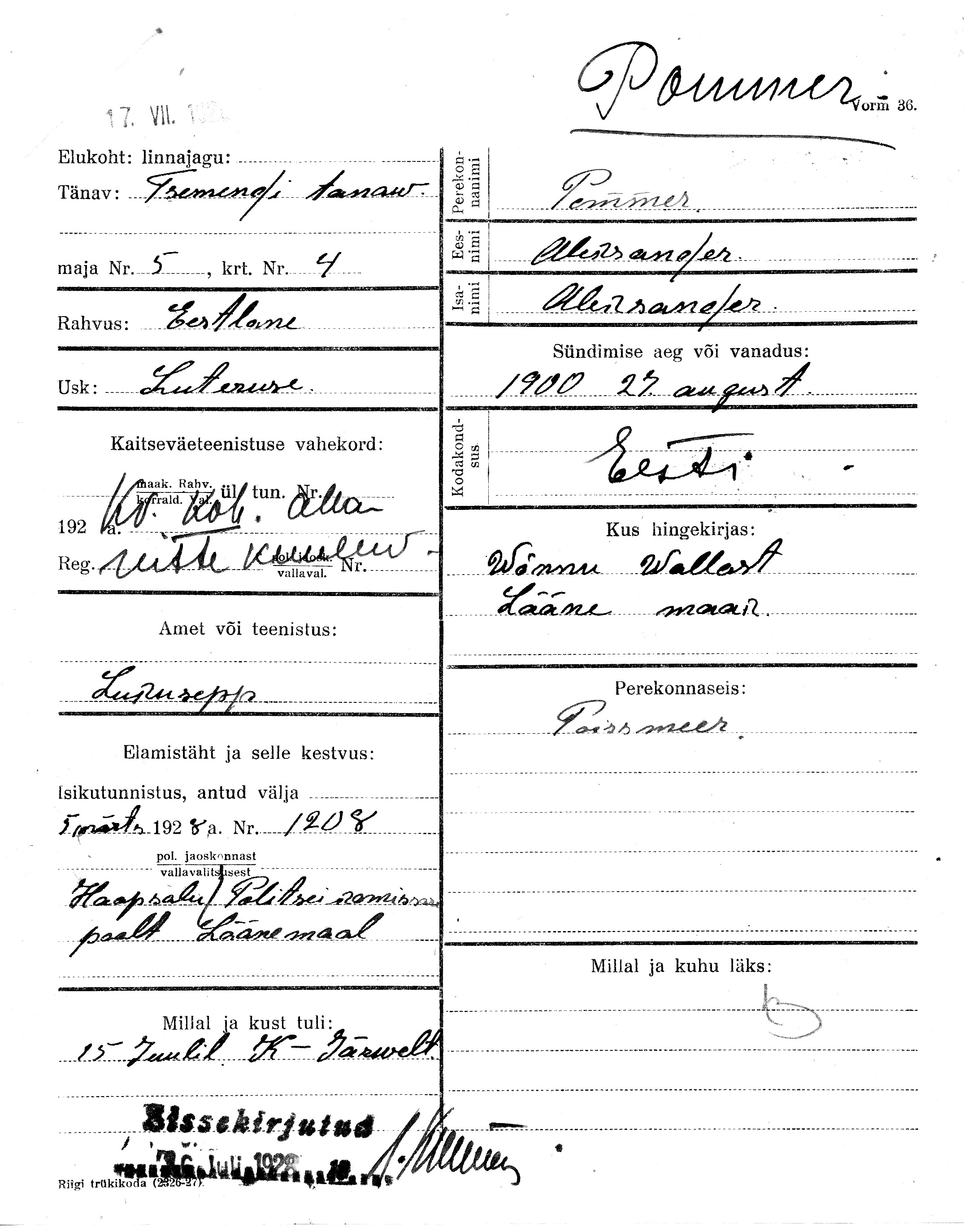 Pommer, Aleksander, Aleksander