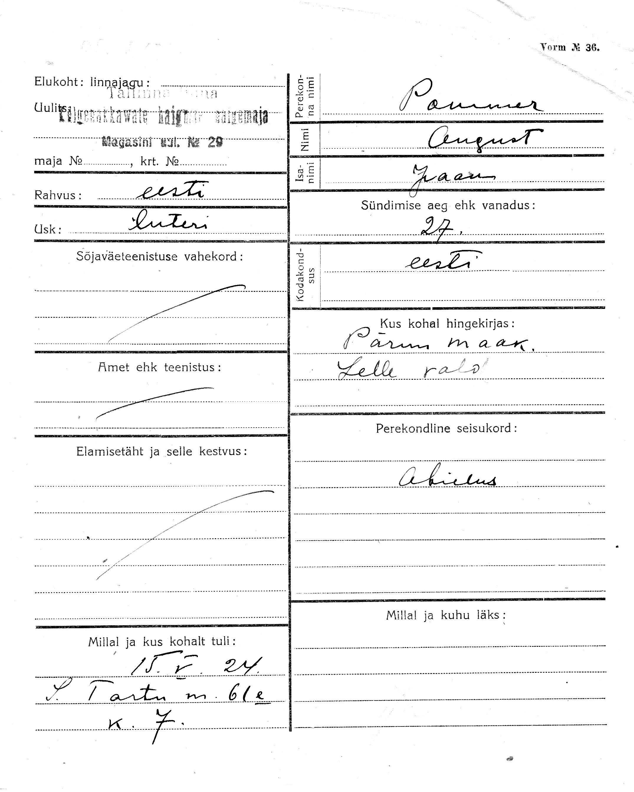 Pommer, August, Jaan