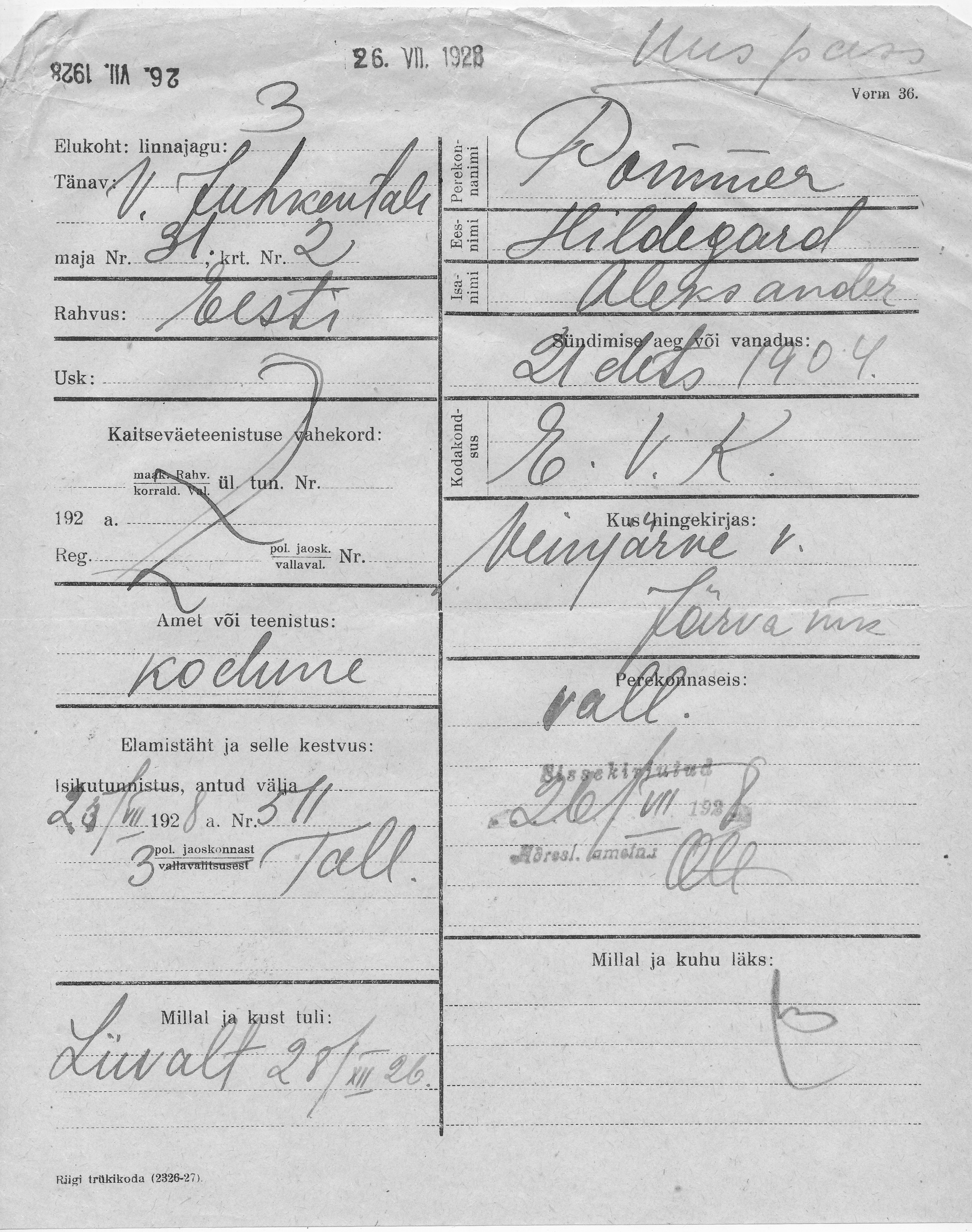 Pommer, Hildegard, Aleksander