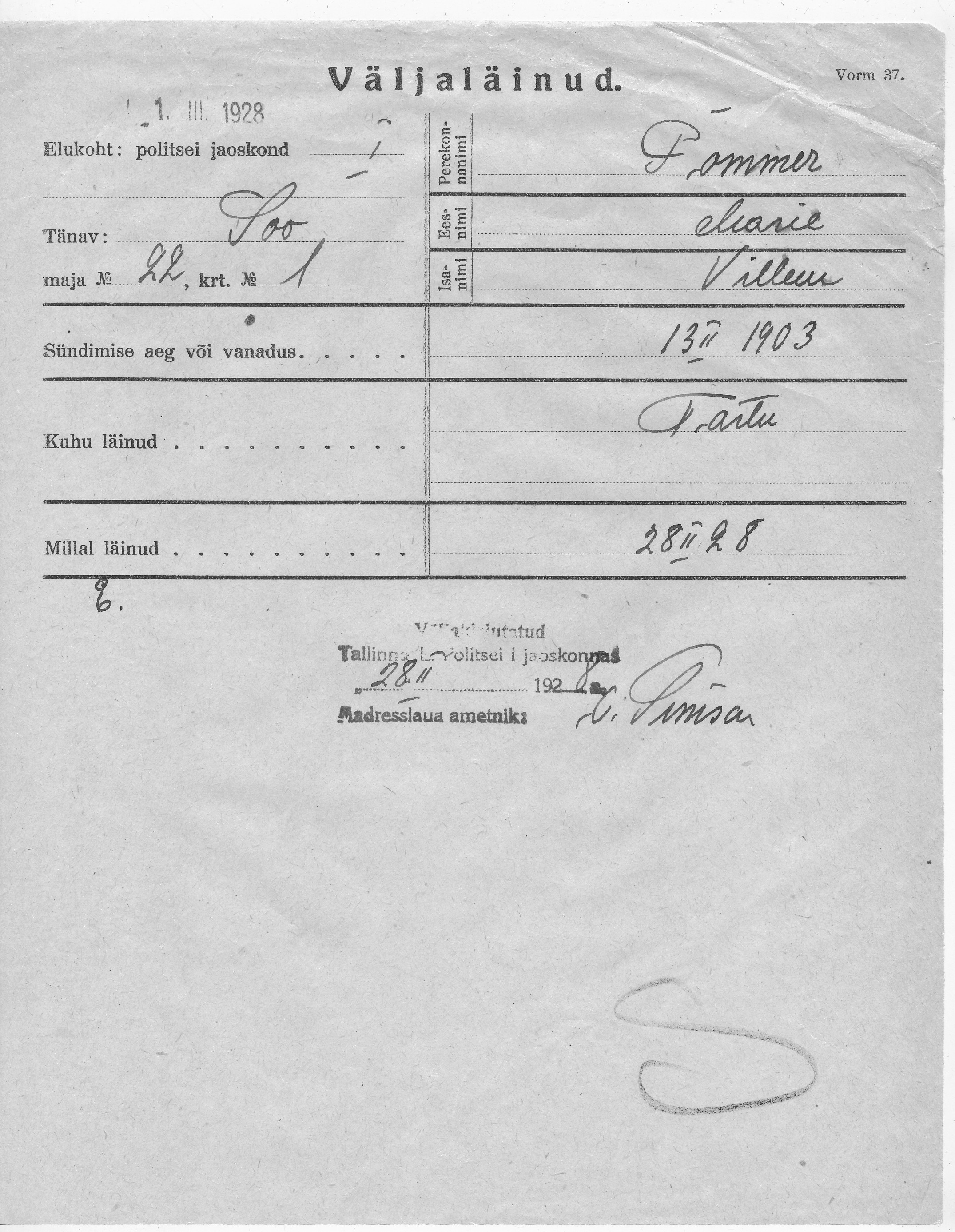 Pommer, Marie, Villem