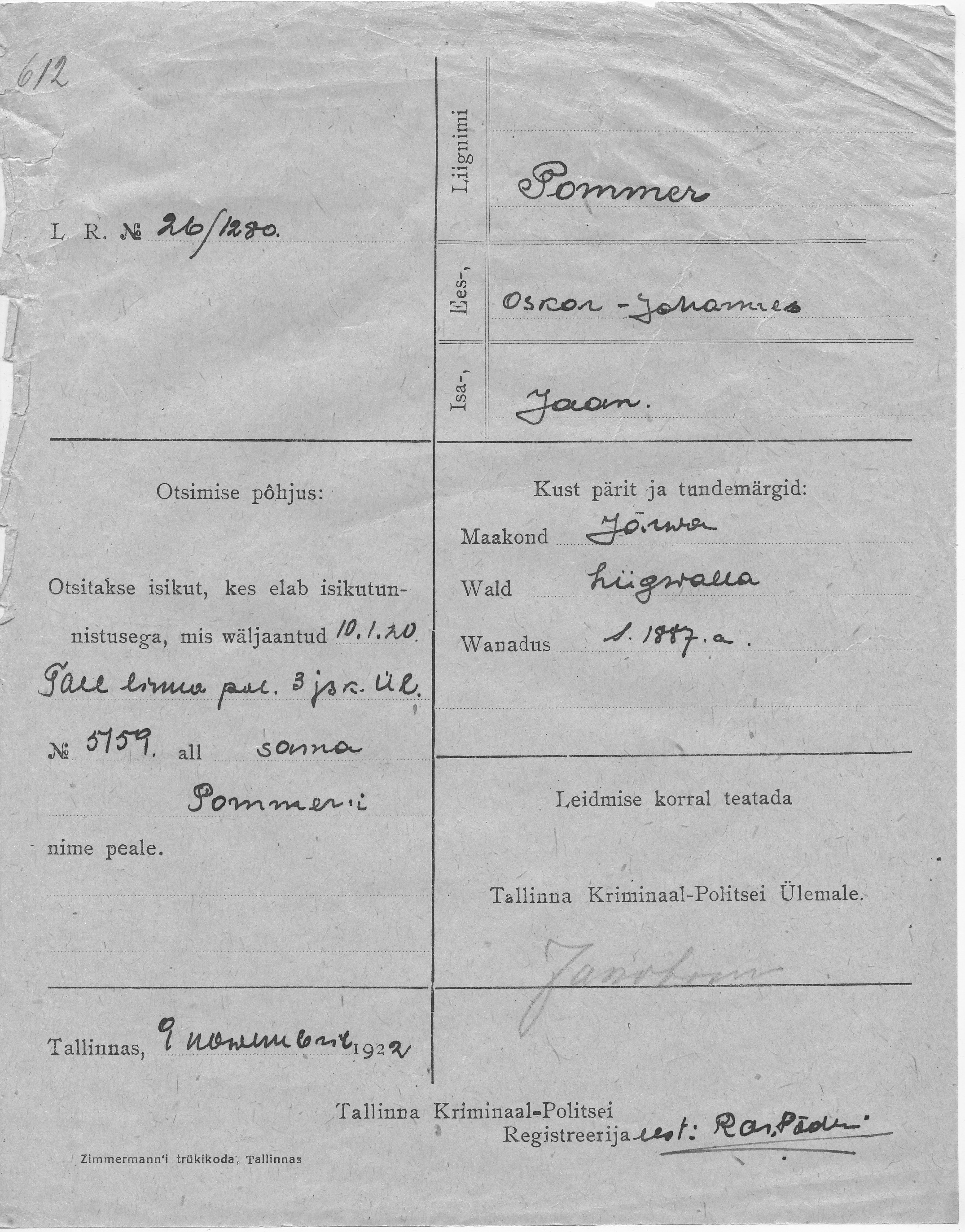 Pommer, Oskar-Johannes, Jaan