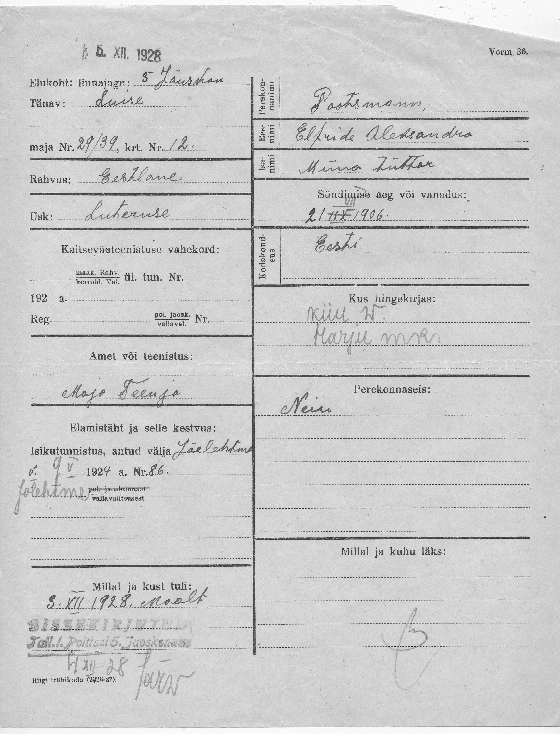 Pootsmann, Elfride Aleksandra, Miina