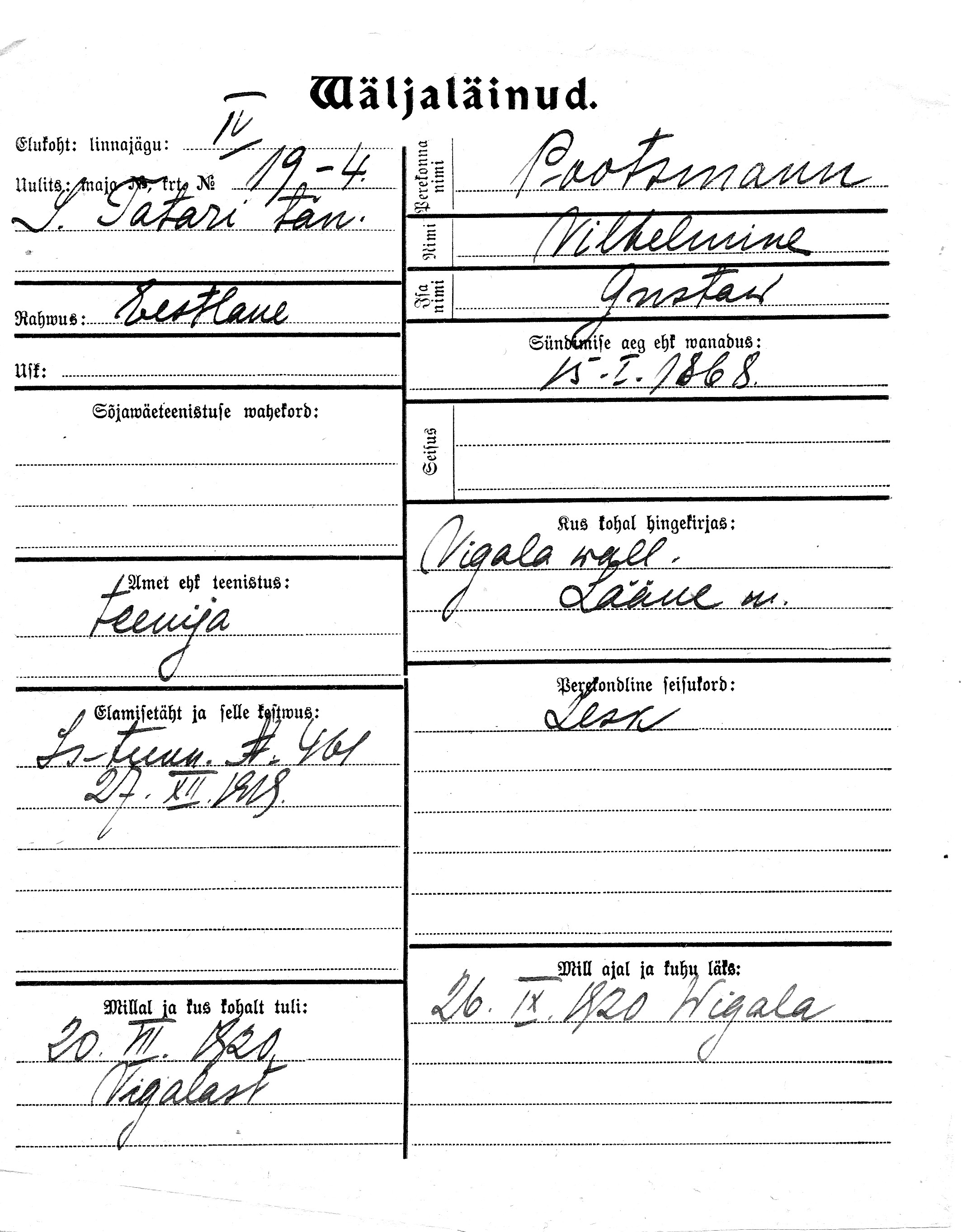 Pootsmann, Vilhelmine, Gustaw