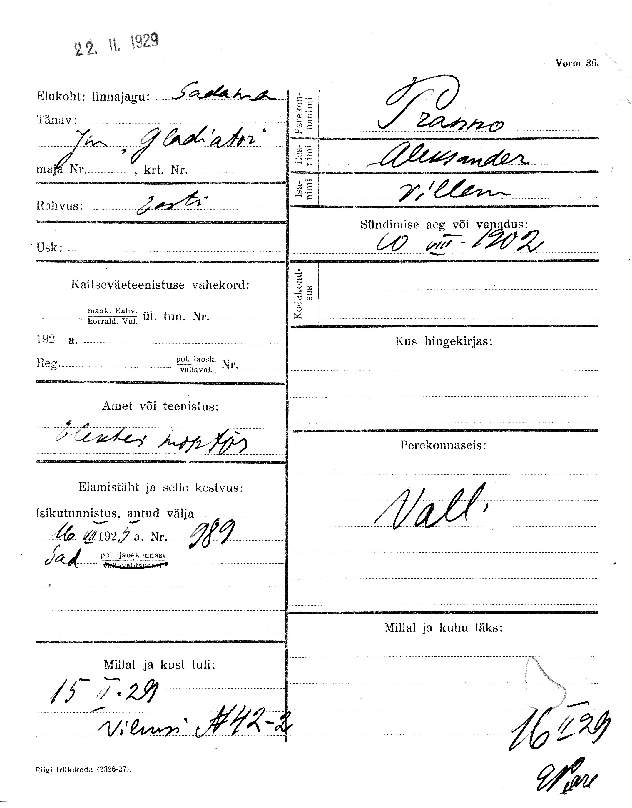 Pranno, Aleksander, Villem