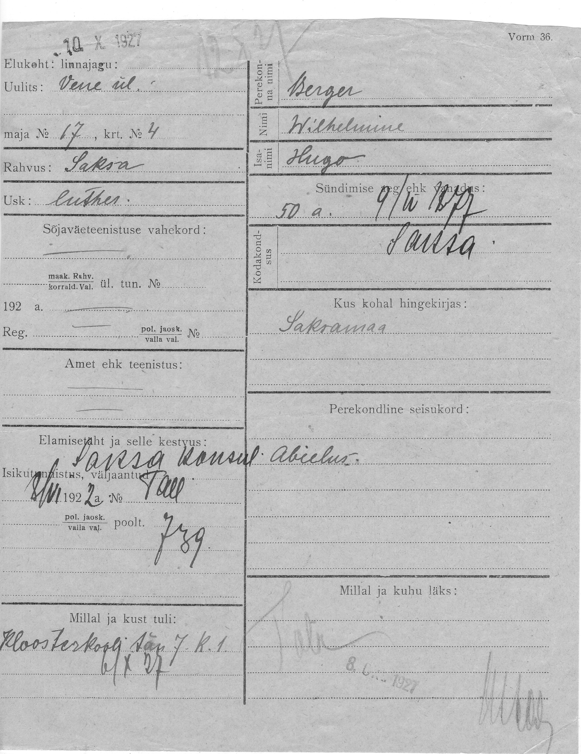 Berger, Wilhelmine, Hugo