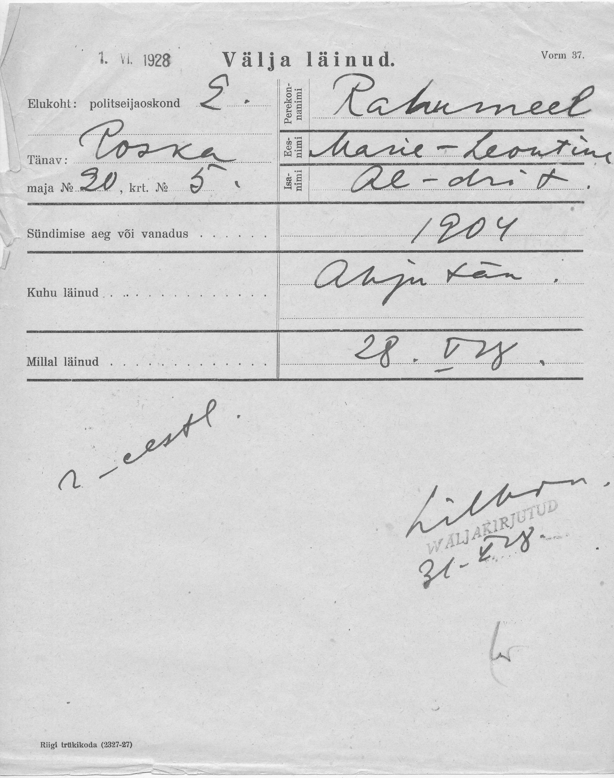 Rahumeel, Marie-Leontine, Aleksander