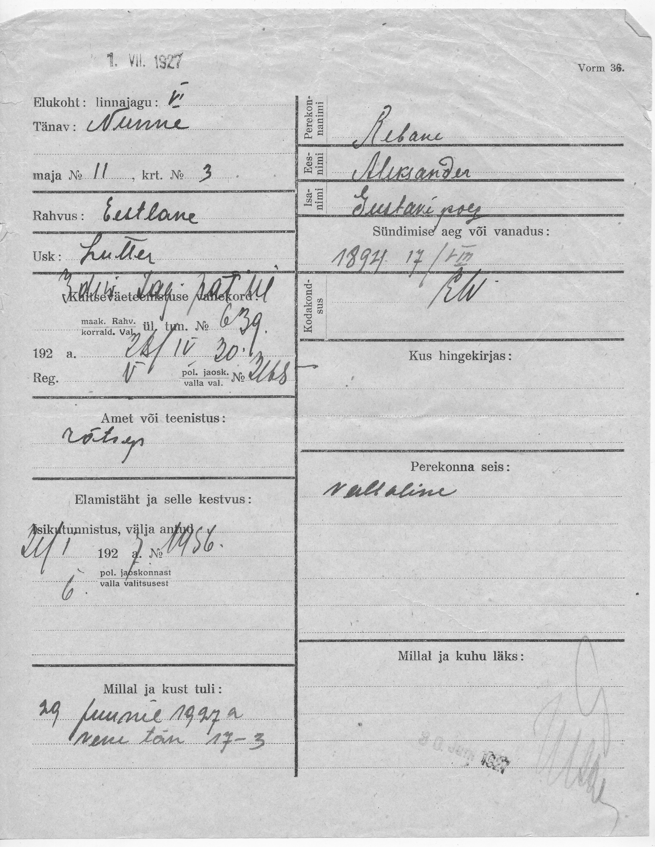 Rebane, Aleksander, Gustav