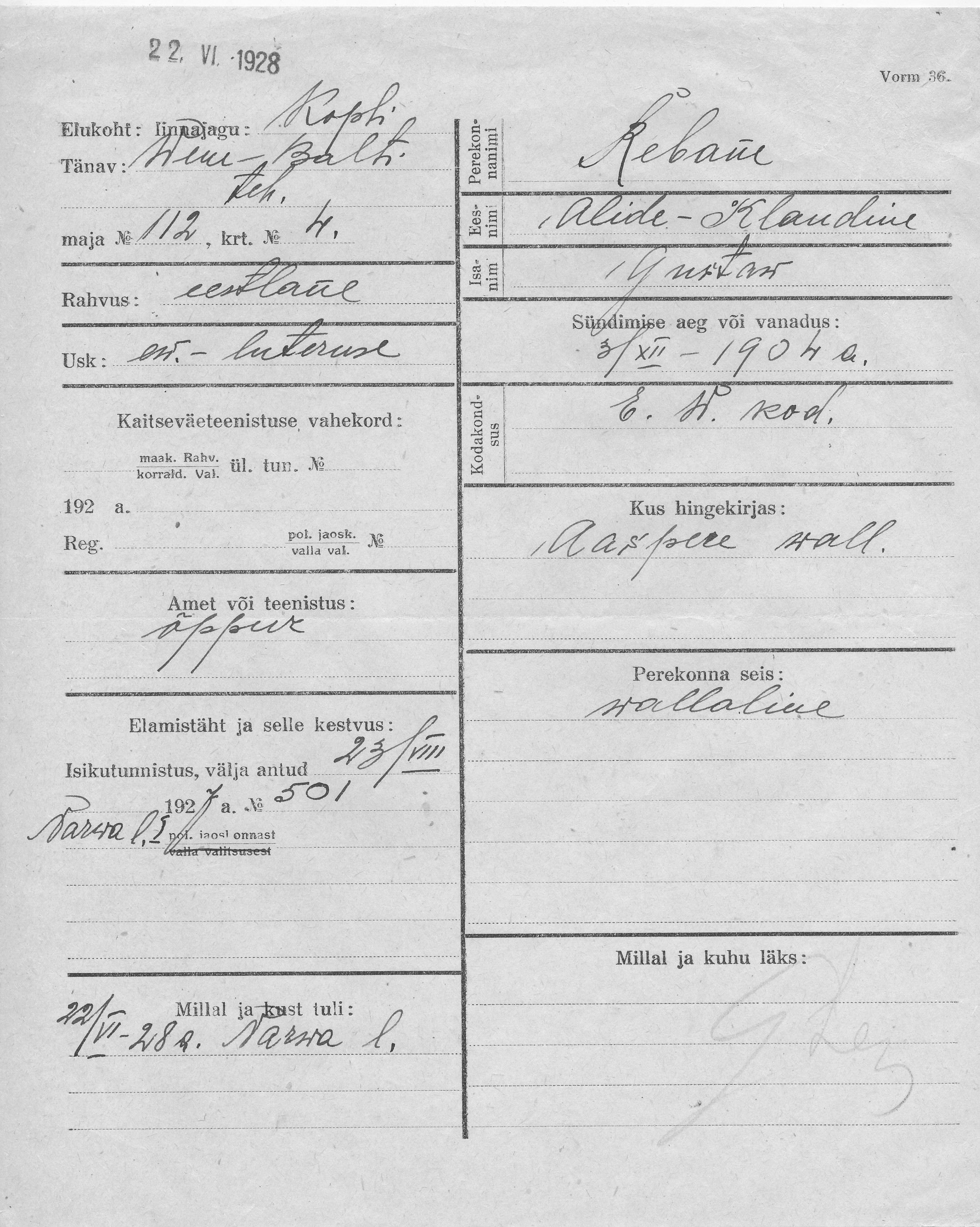 Rebane, Alide-Klaudine, Gustaw